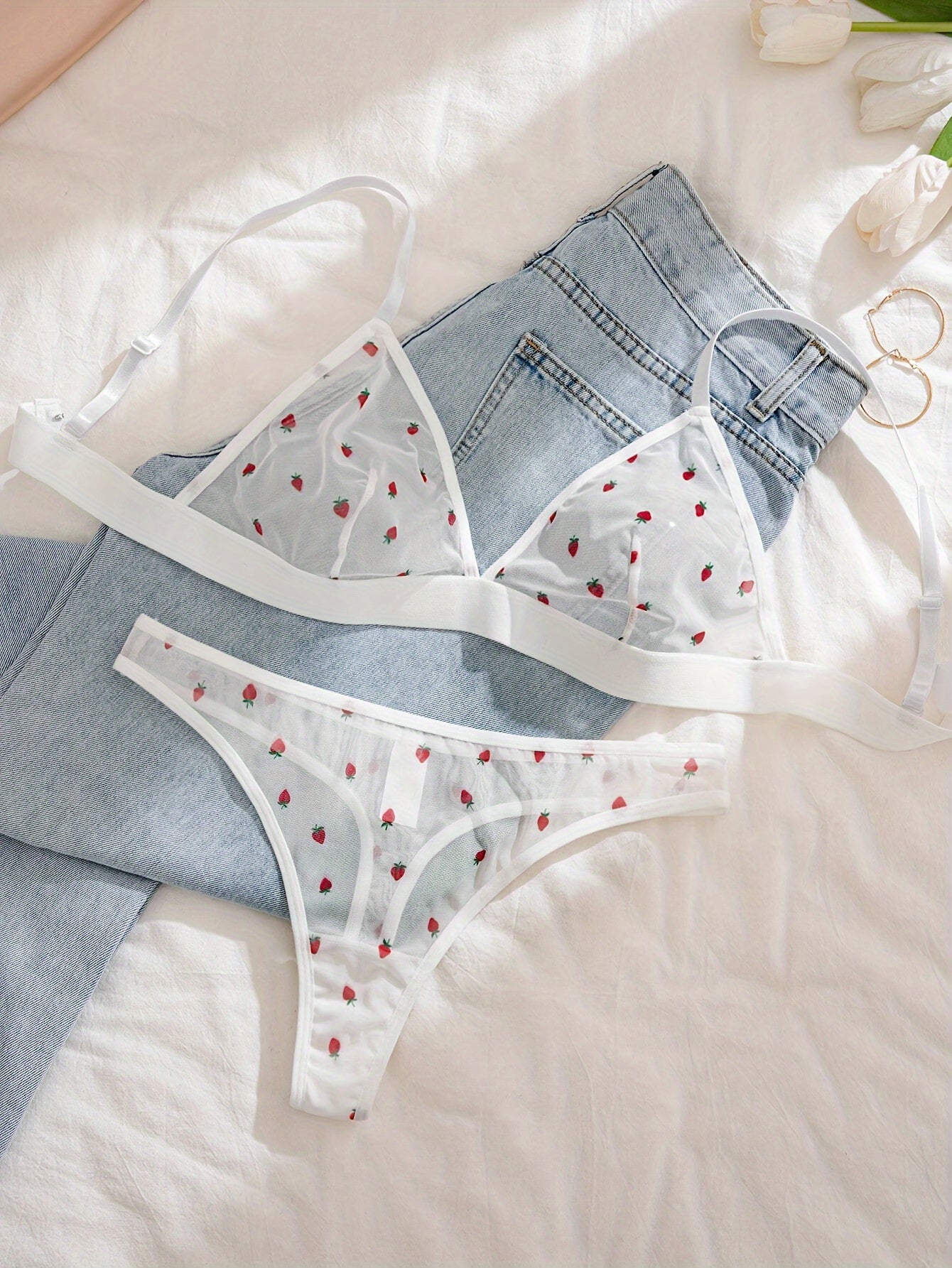 2pcs Sheer Mesh Bikini Set with Floral Heart Print & Sheer Triangle Top - Women's Beachwear, Breathable Comfort Fit Matching Bottoms, Machine Washable Lingerie for Pool & Summer Outfits