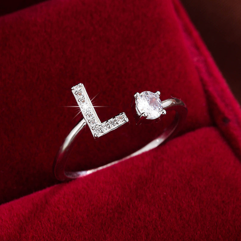 Fashionable 26 English Letters Four-Prong Synthetic Synthetic Zirconia Open Adjustment Ring