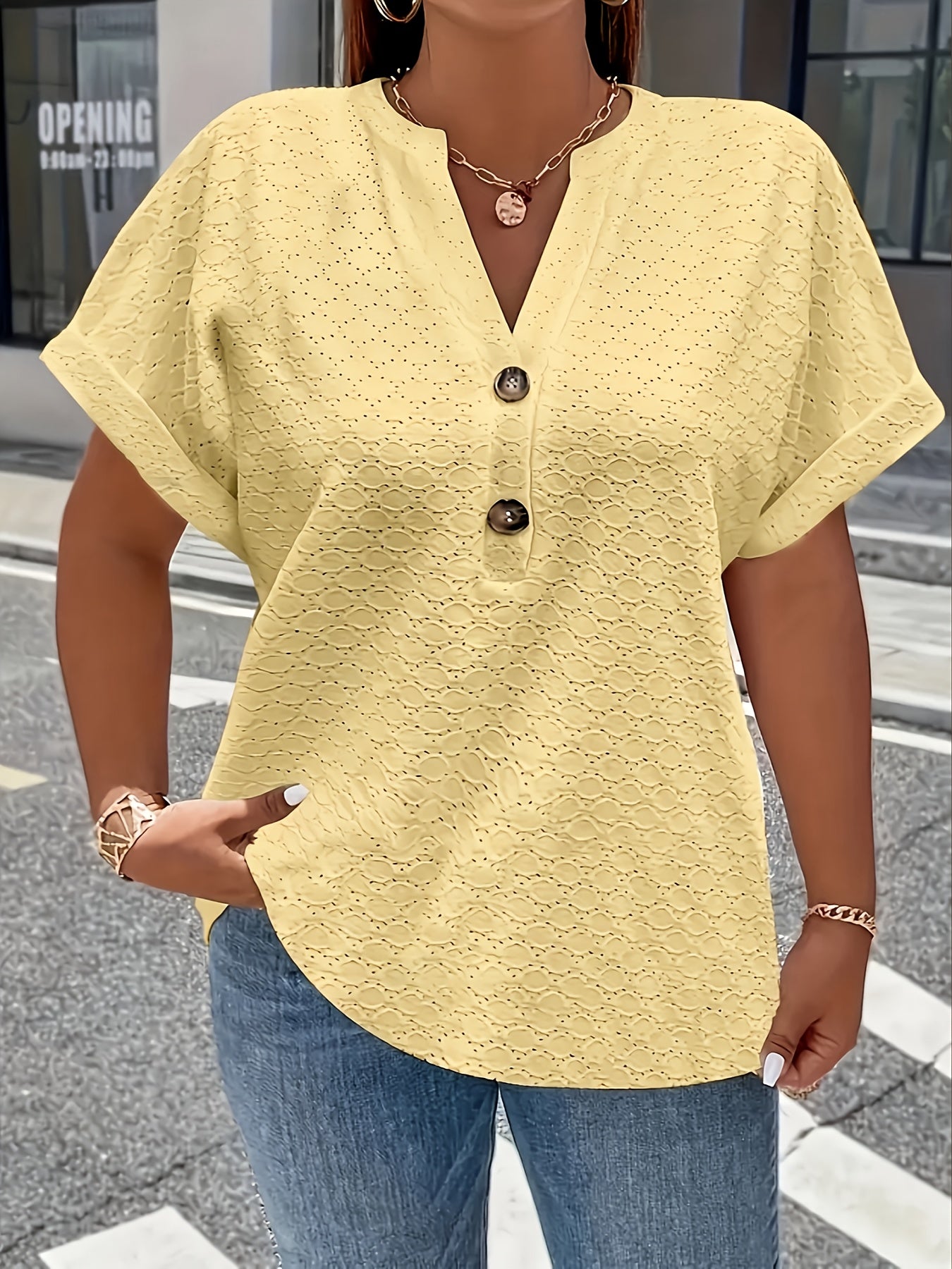 Women'S Light Green V-Neck Blouse with Button Details - Casual Short Sleeve Top for Spring/Summer, Soft Polyester Fabric, Elegant Solid Color Design, Versatile Blouse | Vneck Blouse | Elastane Comfort Fit