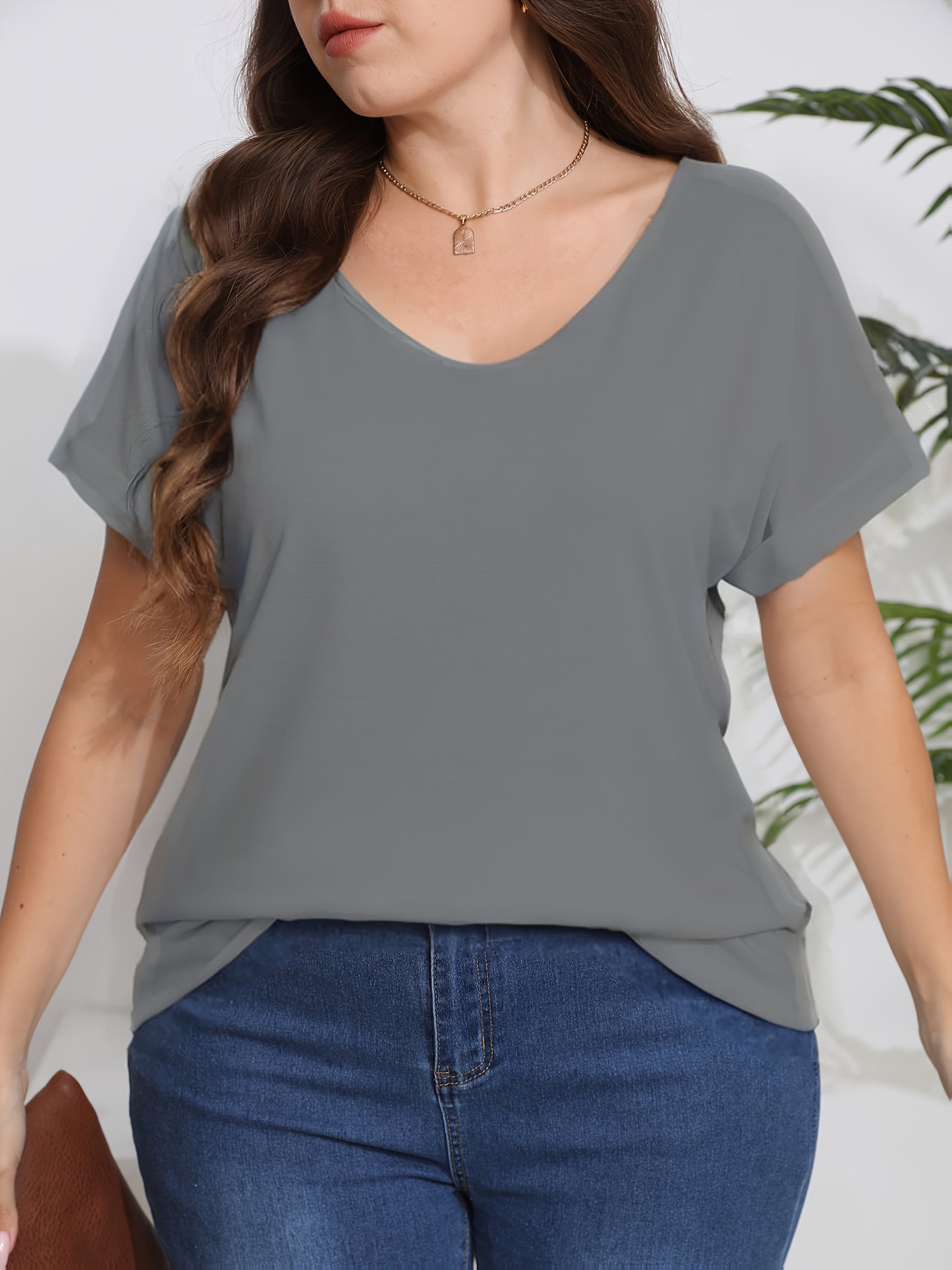 Plus Size, Plus Size Women's Elegant V-Neck T-Shirt - Soft Semi-Sheer Fabric, Vibrant Red, Machine Washable, Spring Summer Fall Casual Top, Ladies T Shirts, Seasonal Fashion, Sophisticated Casual, Comfortable Fit
