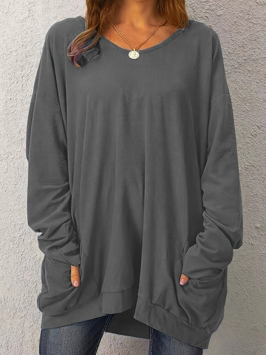 Women's Elegant Long Sleeve Casual Dress with Large Pockets - Solid Black Round Neck Machine Washable Spring/Fall Versatile Wardrobe Staple, Spring Fall Clothing, Long Sleeve Design, Comfortable
