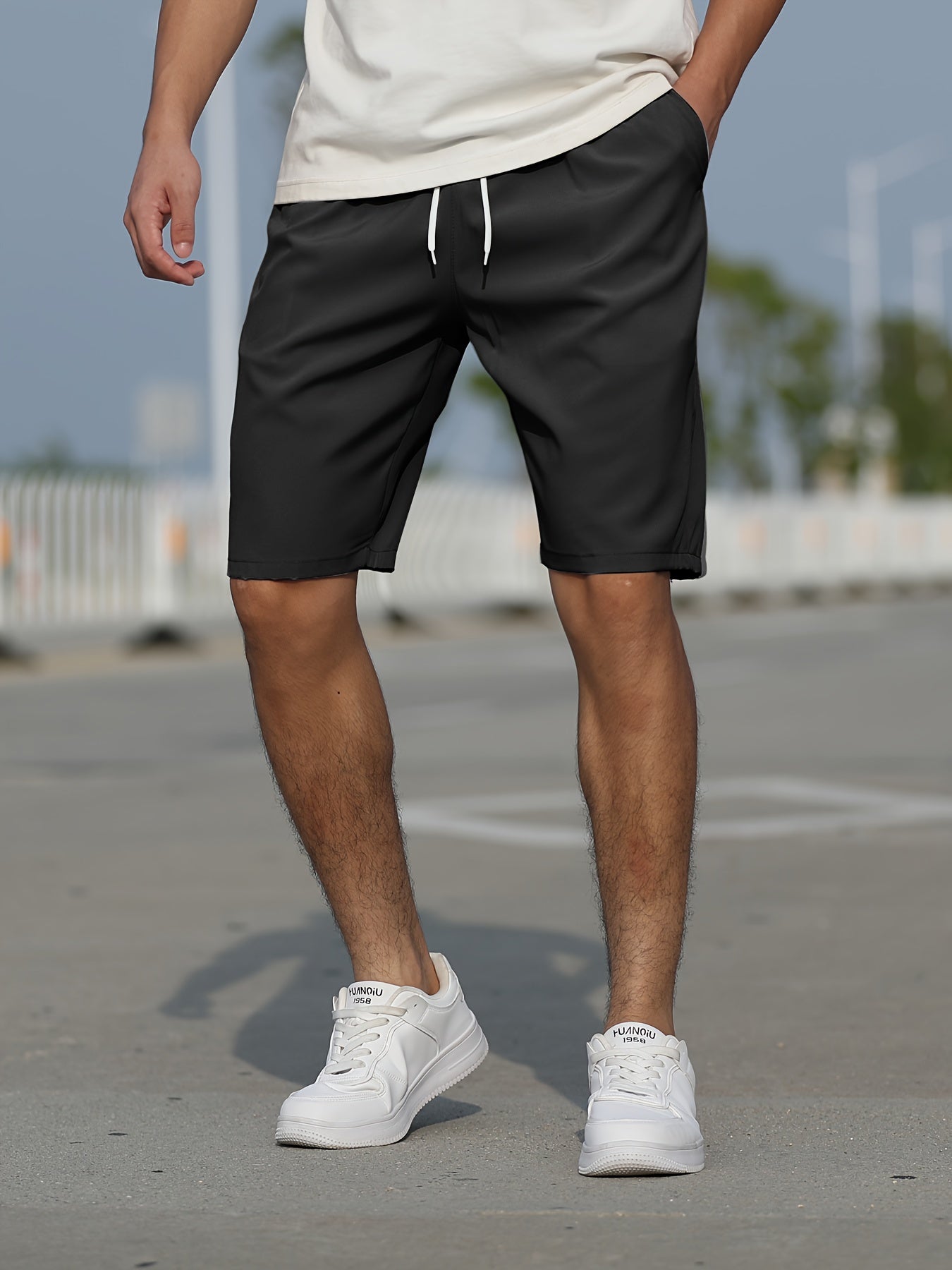 Casual Slightly Stretch Graphic Drawstring Shorts, Men's Clothes For Summer