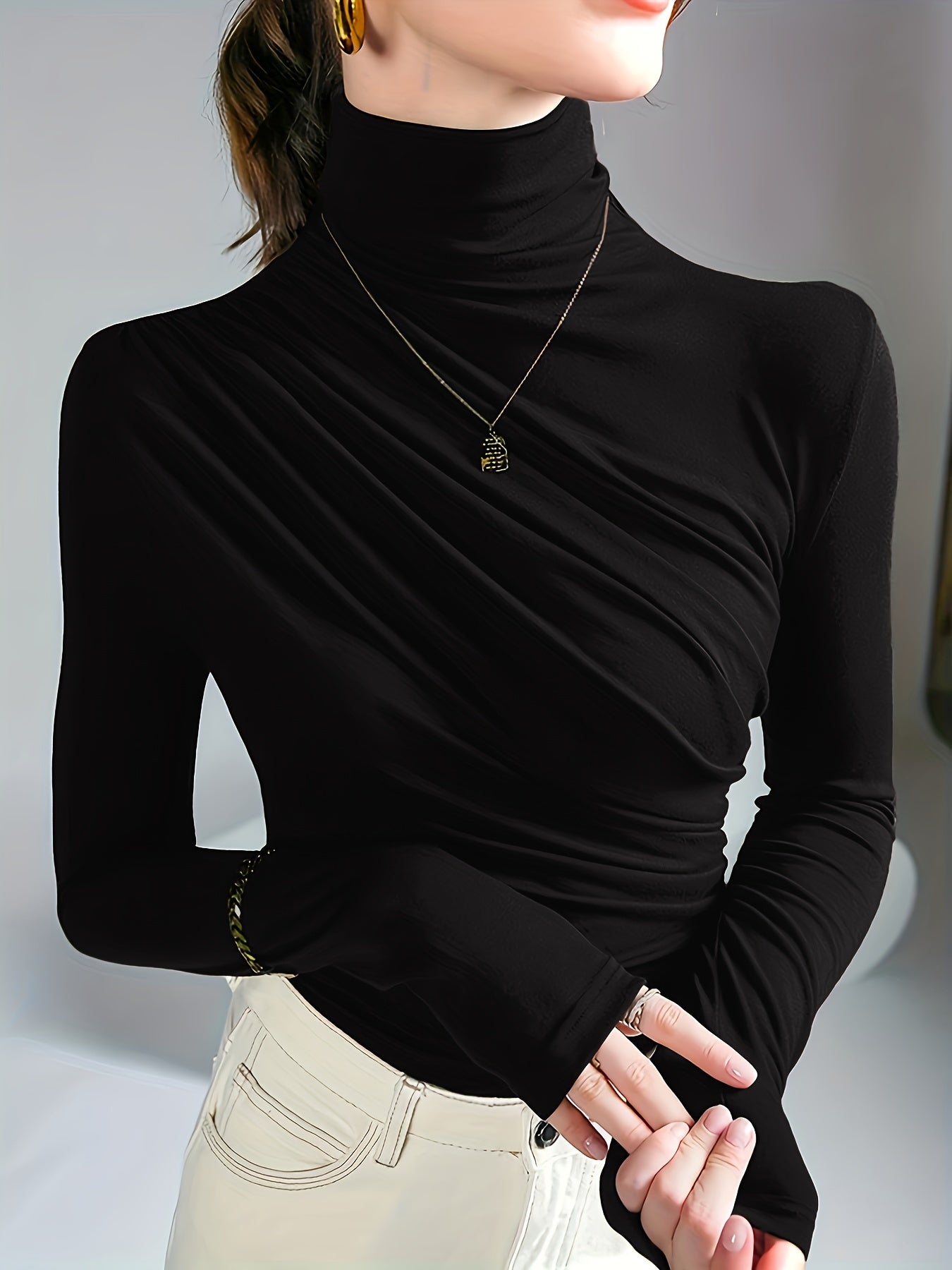 Women's Elegant High Neck Long Sleeve Top with Chest Wrinkle Detail - Solid Color Machine Washable Spring/Fall Layering Essential, Versatile Casual to Formal Shirt, Ladies Long Sleeve Tops, Spring Fashion, Sophisticated Style, Durable Material, Stylish Bl