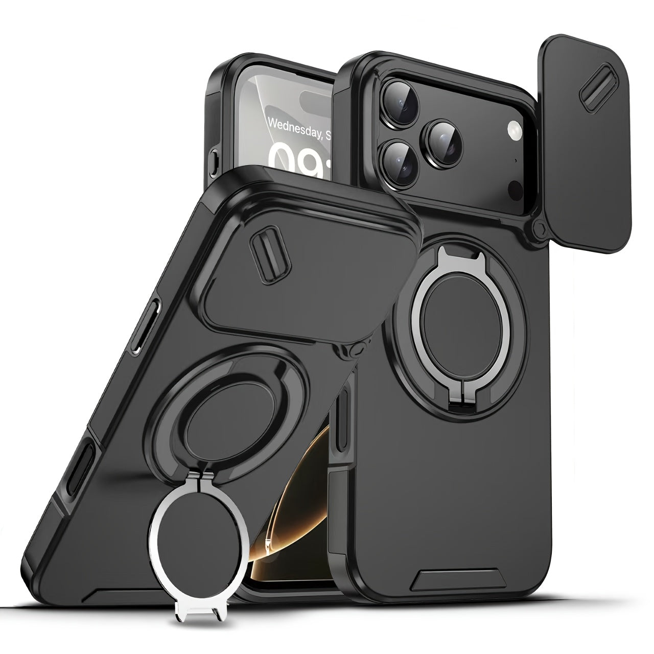 For iPhone 16/15/14/13/12/11/Pro/Max Pro/Plus Mobile Phone Case, with Sliding Camera Cover + [Full Camera Protection], with 360° Rotating Ring Bracket/Magnetic Car Bracket/Matte Texture Shockproof Mobile Phone Protective Case