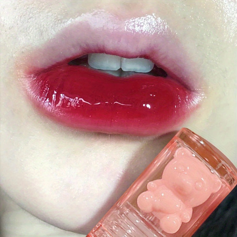 6 color lip glaze, cute little bear, mirror gloss, jelly lips with sparkling light dew water, long-lasting stain resistant transparent film forming lip gloss, full lip color.