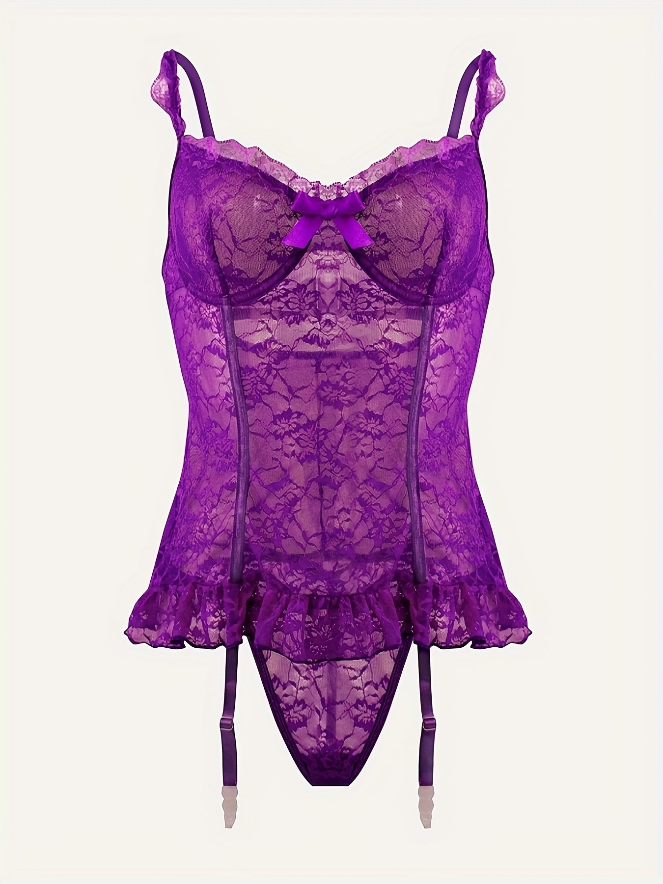 Spring and Summer New European and American Style High-end Lace Underwear Set for Women, Sexy Pajamas, Hollowed-out + Sexy Thong + Stockings = 3pcs Set (with Steel Ring) [Big Hit]