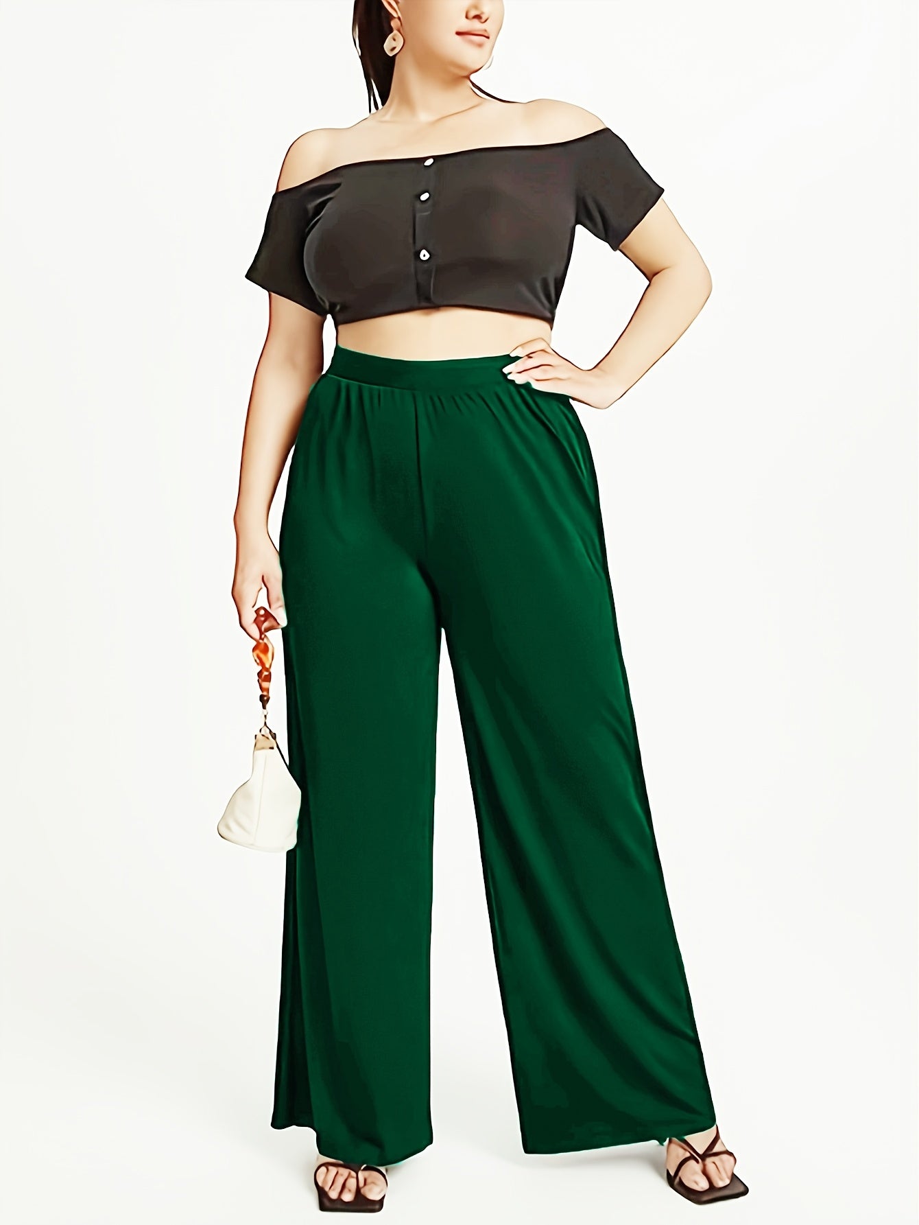 Women'S Plus Size Fashion Elegant Wide Leg Pants, Solid Color, High Stretch Knit Fabric, Straight Leg, 100% Polyester, 180g/m², for Spring/Summer