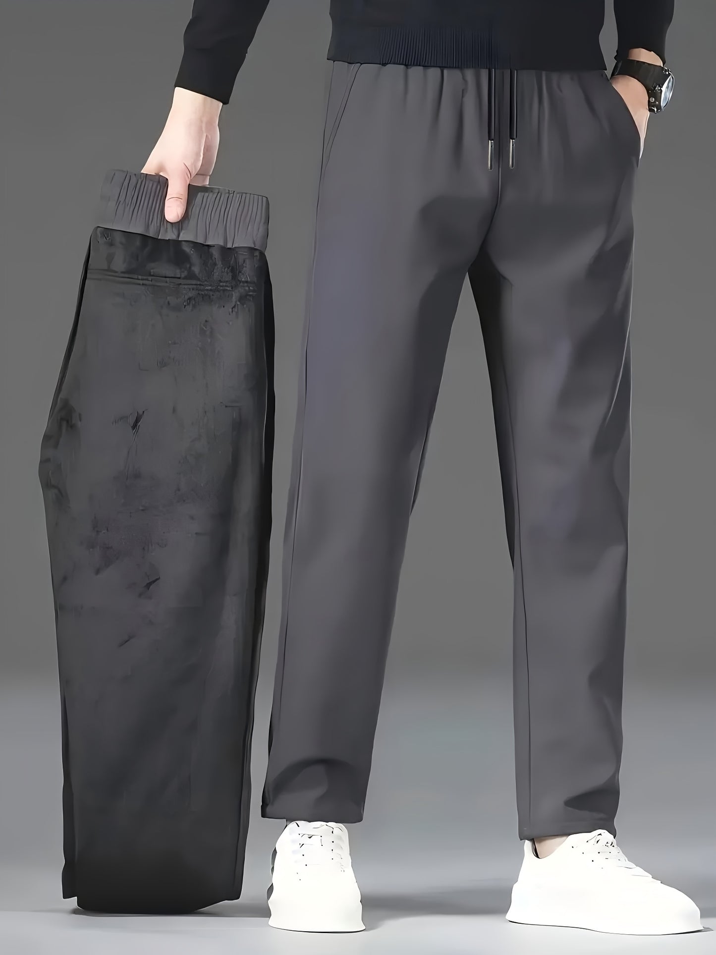 Men's Fall/Winter Fleece-Lined Windproof Warm Solid Color Casual Pants, Fashionable Drawstring Waistband Sports Trousers, 100% Polyester Non-Stretch Cropped Length, Regular Fit for Adults