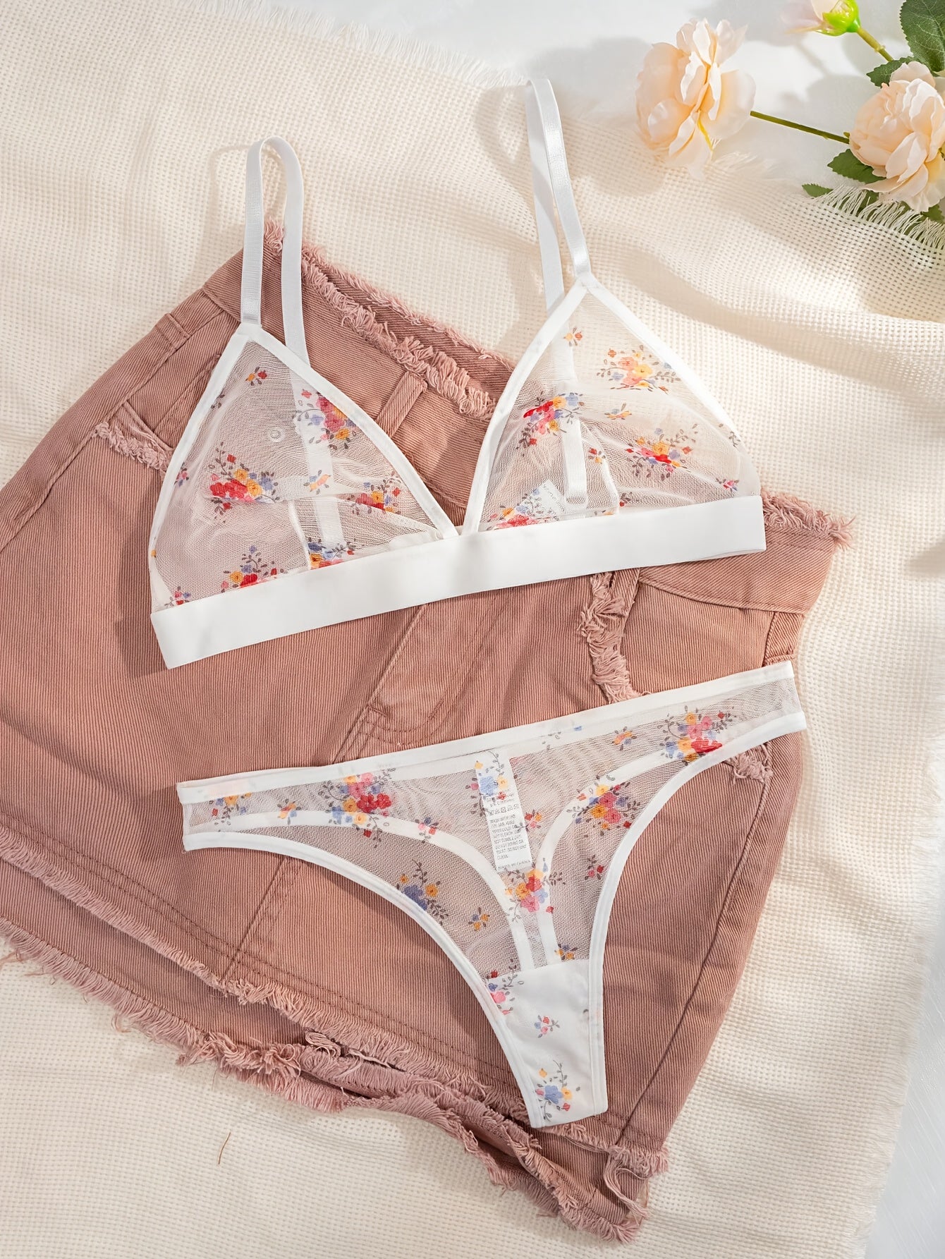 2pcs Sheer Mesh Bikini Set with Floral Heart Print & Sheer Triangle Top - Women's Beachwear, Breathable Comfort Fit Matching Bottoms, Machine Washable Lingerie for Pool & Summer Outfits