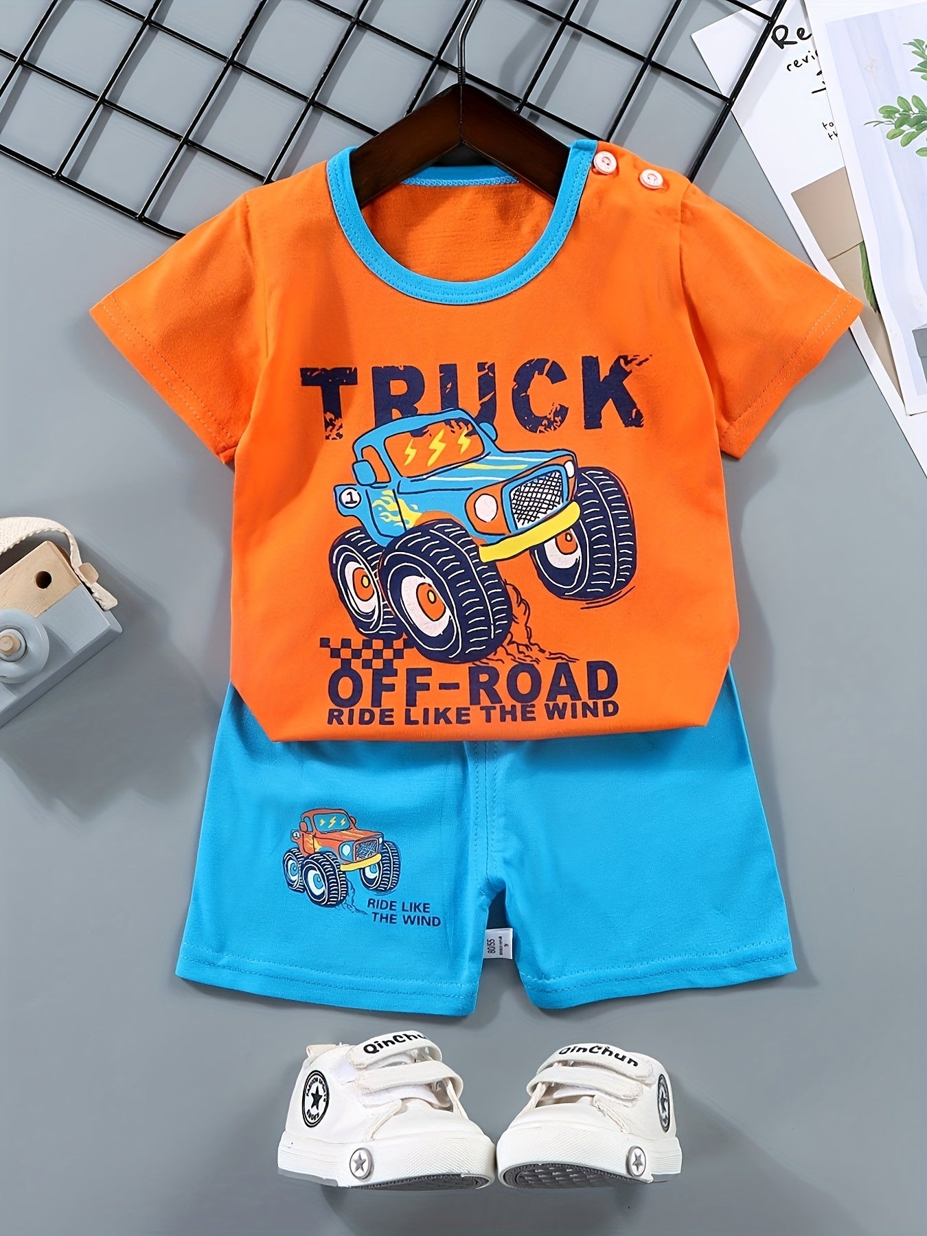 Boys Cartoon Off-road Truck "Ride Like The Wind" Casual Outfit Round Neck T-shirt & Shorts For Summer Boys Clothes