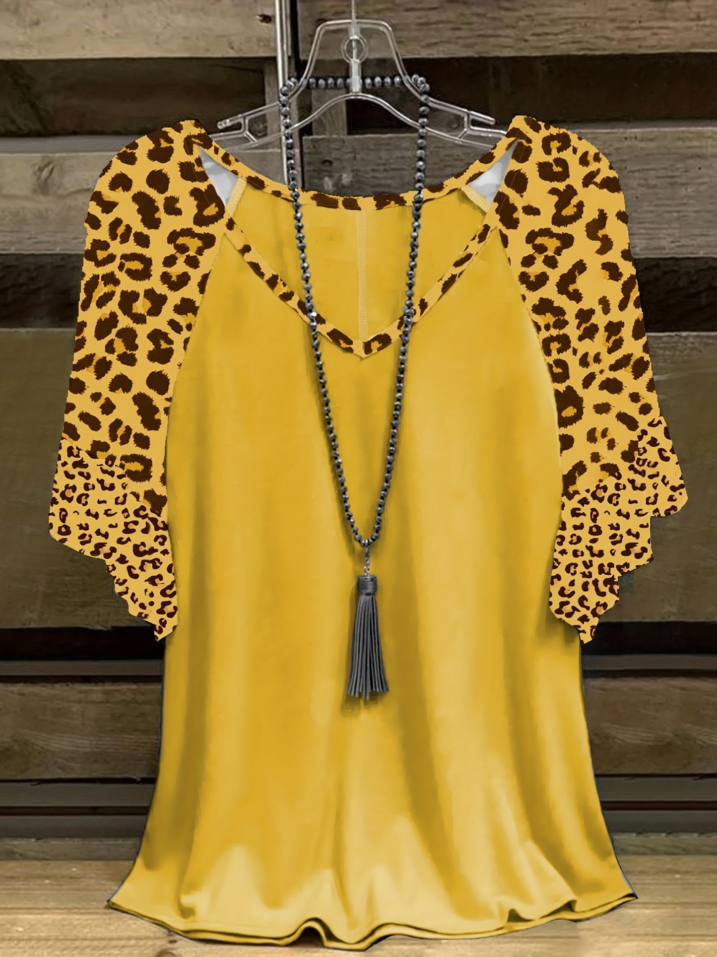 Plus Size, Plus Size Leopard Print Flounce Hem Women's Short Sleeve Spliced T-Shirt