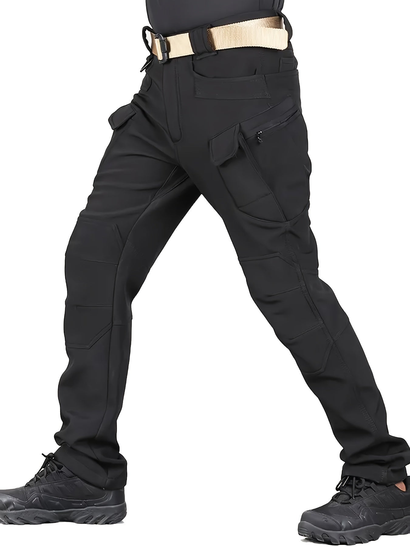Men's Fleece-Lined Tactical Pants - Warm, Durable Polyester-Spandex Blend, Casual Style with Multiple Pockets & Adjustable Waistband for Winter Outdoor Activities