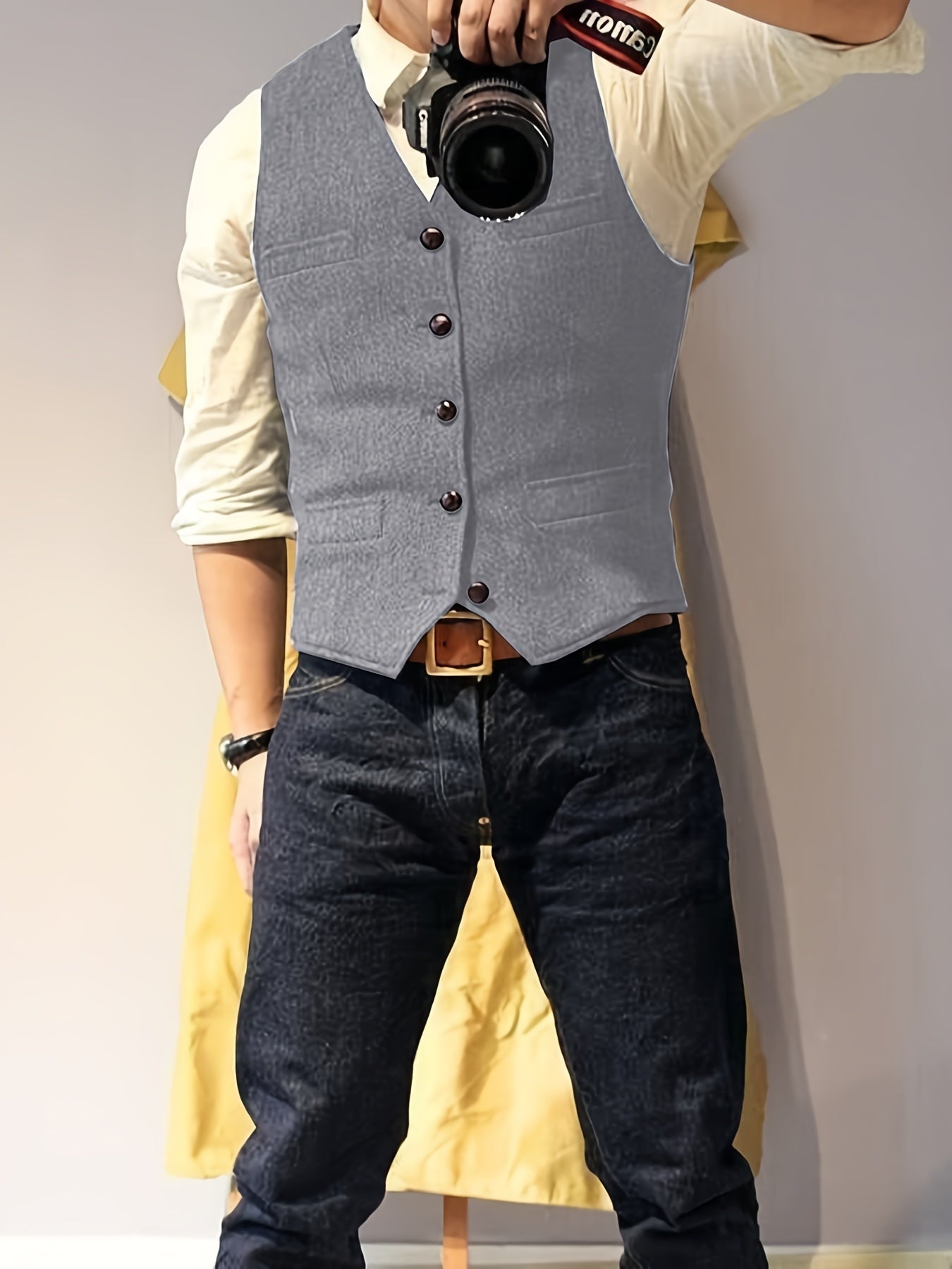 Men's Vintage Herringbone Tweed Vest - Western Cowboy Style, Gray Wool Blend with Button Front & Side Pockets for Weddings, Parties, Golf, Fishing, and Hunting