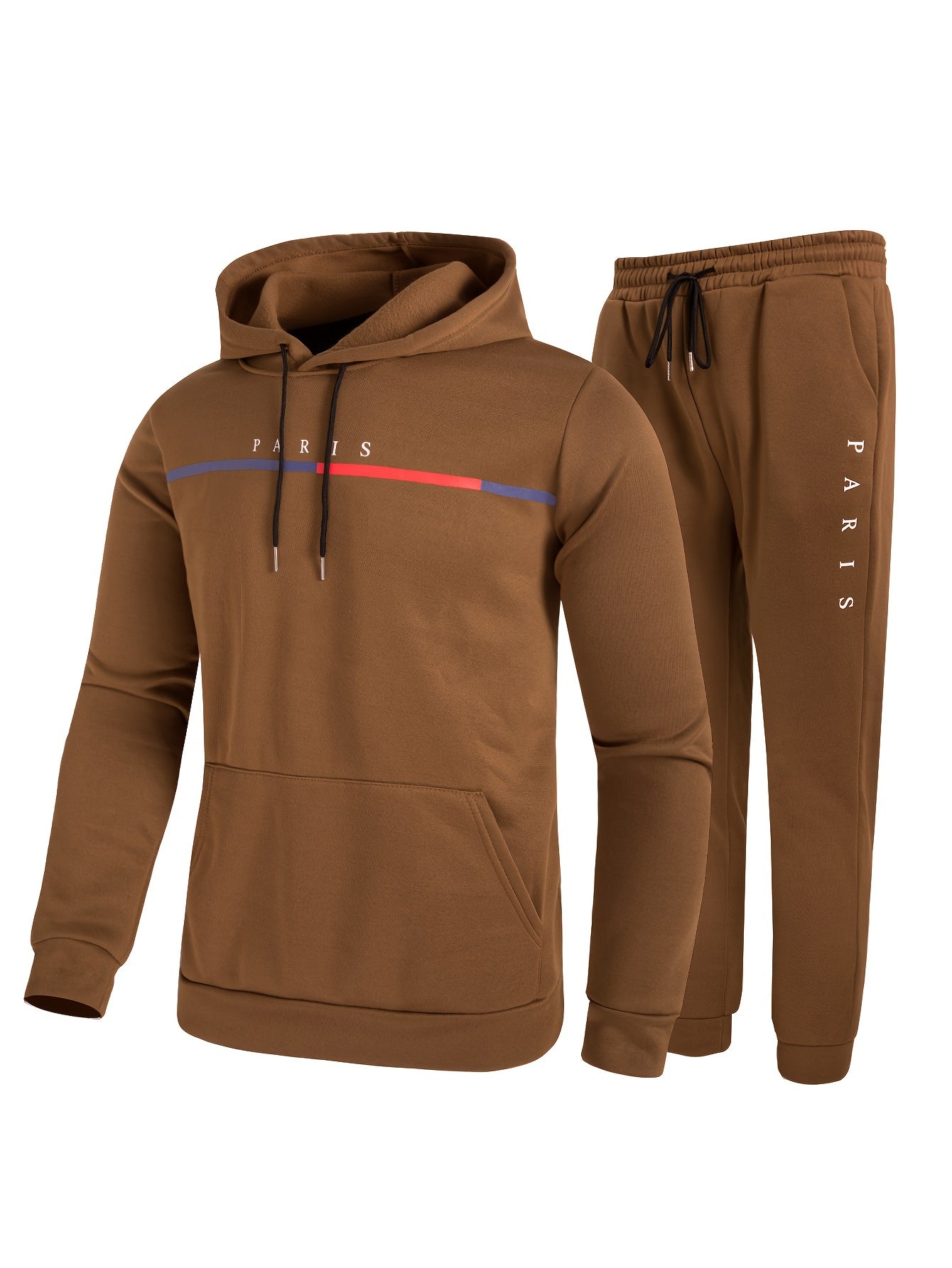Men'S Casual "Paris" Print Hoodie & Sweatpants Set - Brown Polyester, All-Season Comfort, Drawstring Hoodie with "Paris" Graphic, Regular Fit Pants, Casual Wear|Graphic Hoodie|Comfortable Fit