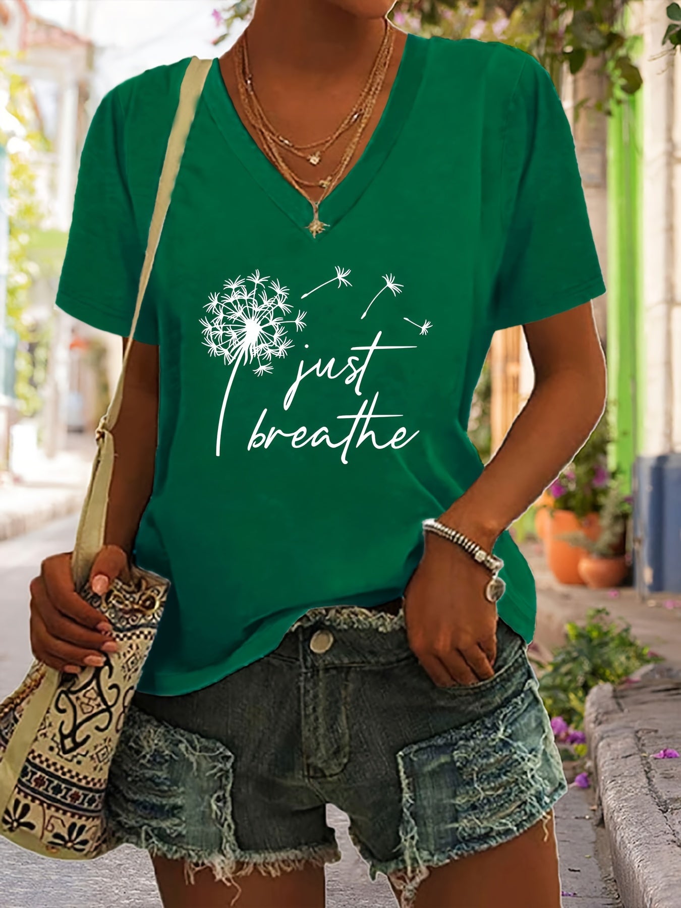 Dandelion Print T-Shirt, V Neck Short Sleeve Summer Casual Top, Women's Clothing
