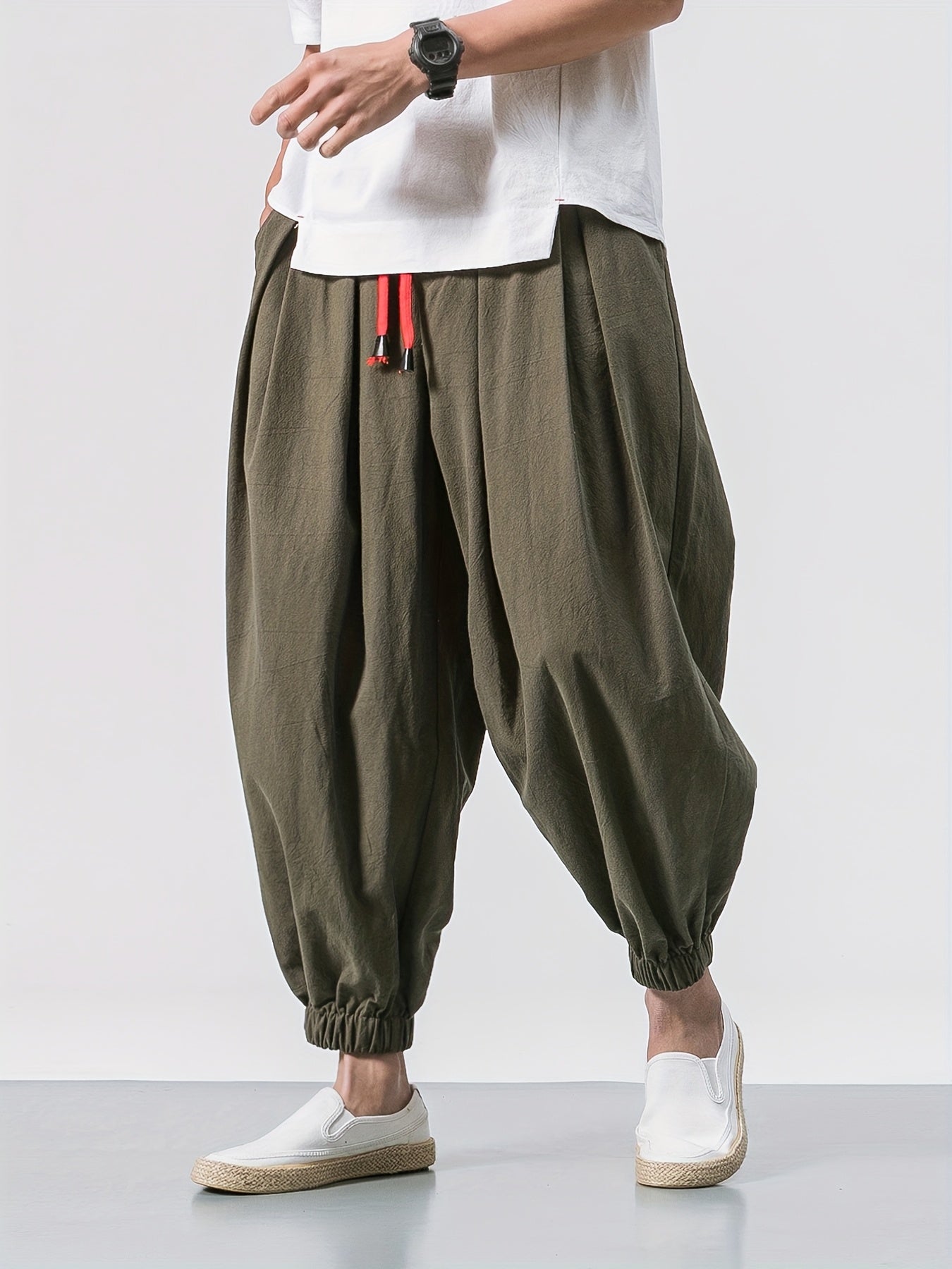 Men's Stylish Harem Pants - Heavyweight Cotton Wide Leg Trousers with Drawstring Waist, Loose Fit Casual Pants for Outdoor & Casual Attire, All-Season Brown/Beige/Black/Gray/White - Hip-Hop & Formal Events, Comfortable Breathable Mens Clothing, Solid Colo