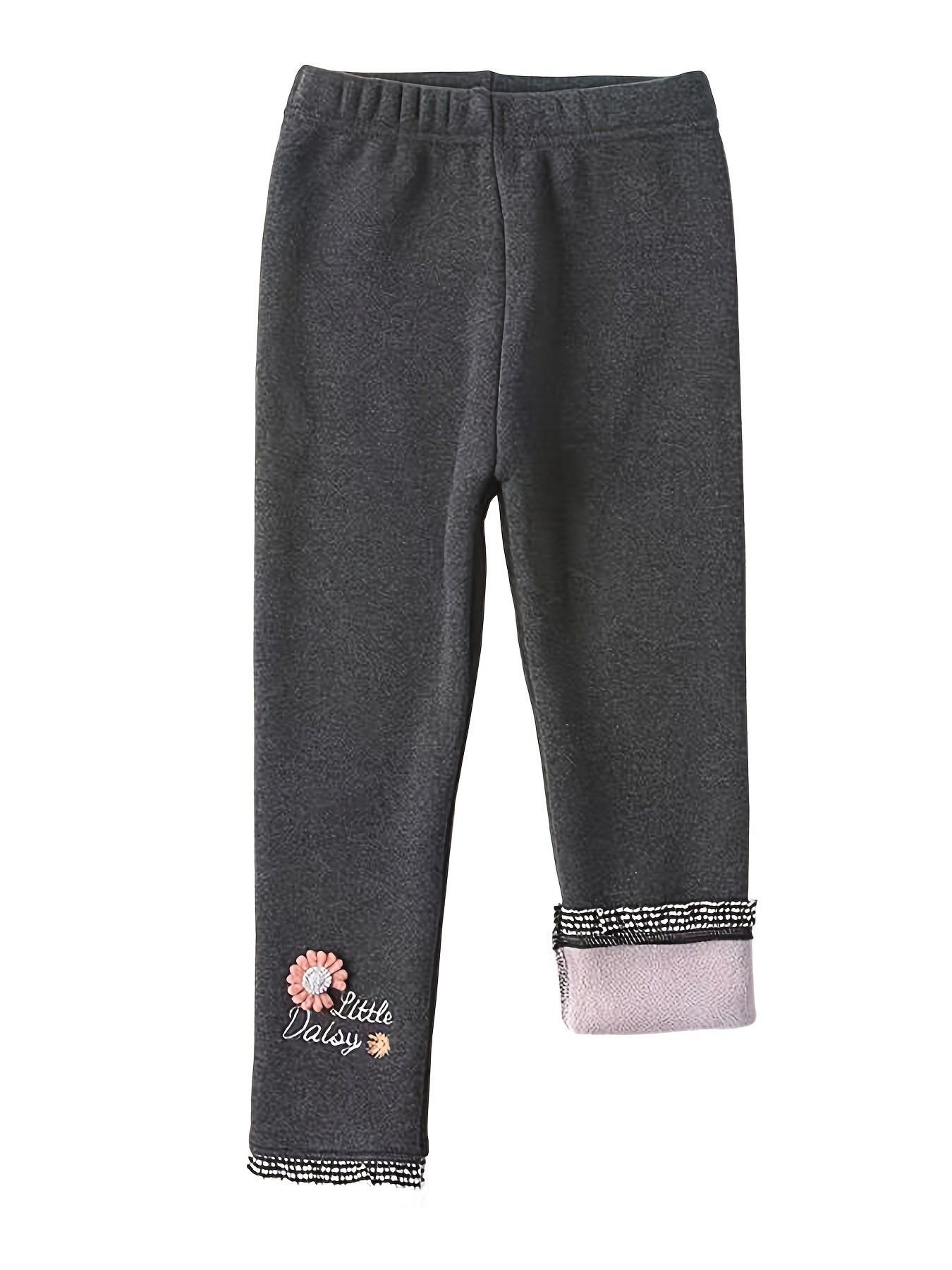 Girls' Winter Fleece-Lined Pants, Children's Outerwear Warm Trousers with Embroidery, Casual One-Piece Fleece Leggings for Medium and Large Sizes