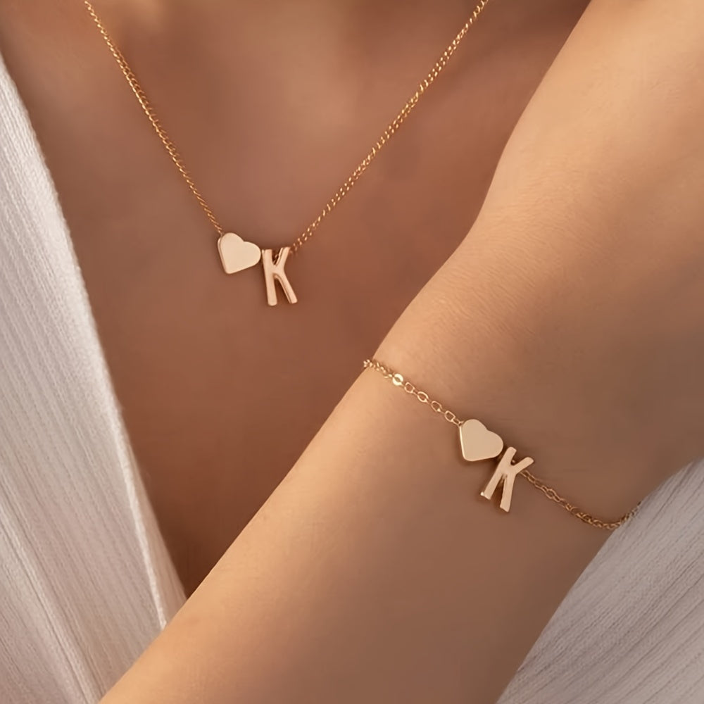 A Stylish And Minimalist Two-Piece Set Featuring a Metal Heart And English Letter Necklace And Bracelet, Perfect for Everyday Commuting Wear.