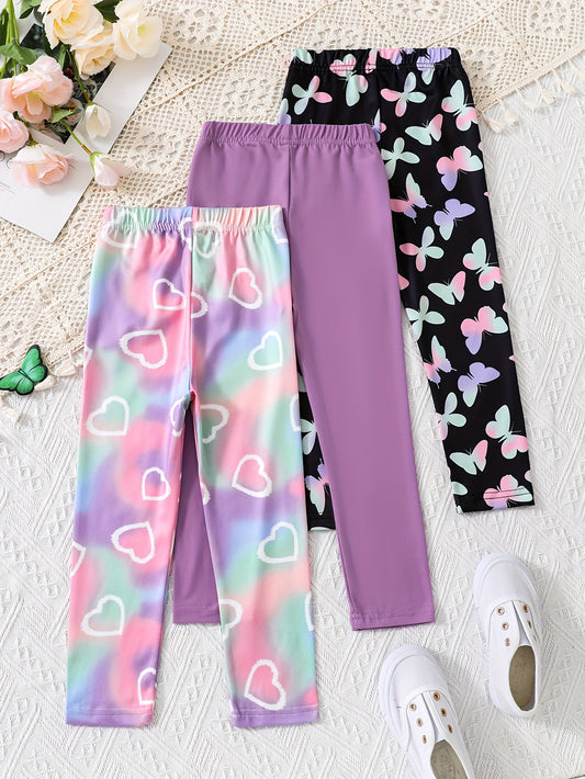 3pcs Girls' Soft & Stretchy Slim-Fit Yoga Pants - Vibrant Tie-Dye, Purple & Black Butterfly Patterns, Solid Lavender - Elastic Waistband, Comfy Activewear Leggings for Youngsters, Perfect for Spring & Fall, Youngsters Activewear | Elastic Waistband Pants