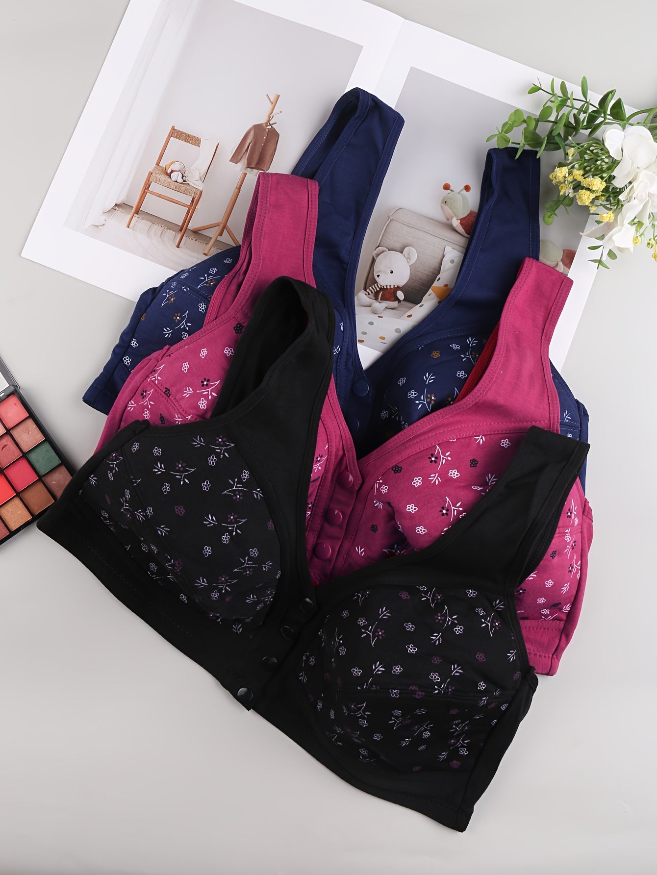 3pcs Plus size Floral Print Front button Bras, Comfortable & Light Beige-friendly Intimates Bras, Women's Underwear & Lingerie
