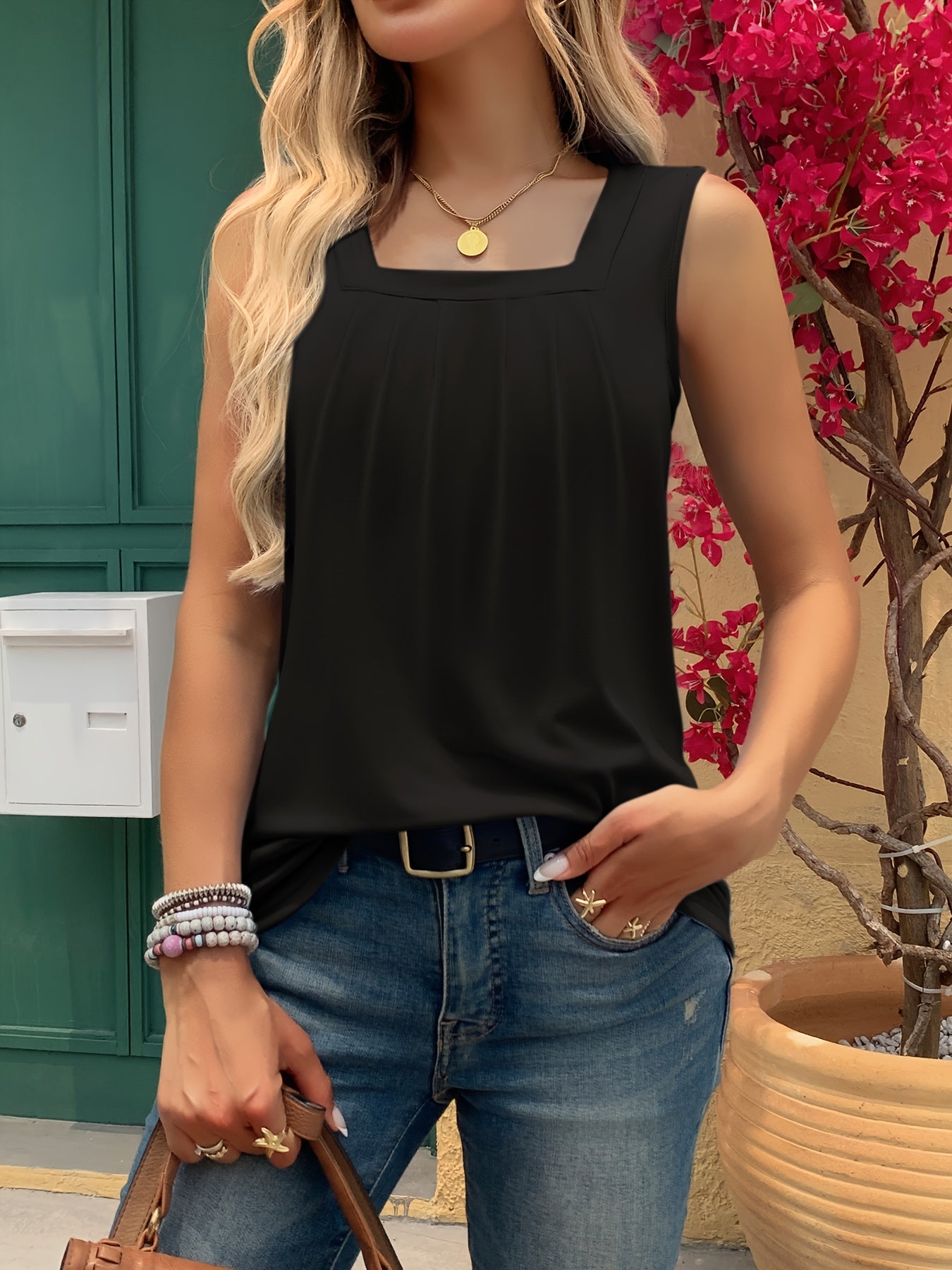 Square Neck Tank Top, Loose Casual Top For Summer & Spring, Women's Clothing