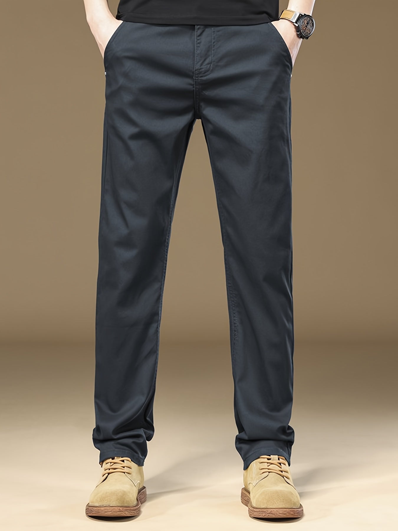 Men'S Slim-Fit Stretch Casual Pants - Elastic Waist Straight-Leg Trousers, Solid Color, Spring/Fall Comfort, Machine Washable, Regular Length for Business & Casual Attire, Spring Fall Attire, Sleek Straightleg, Smooth Texture Fabric, Office Attire, Modern