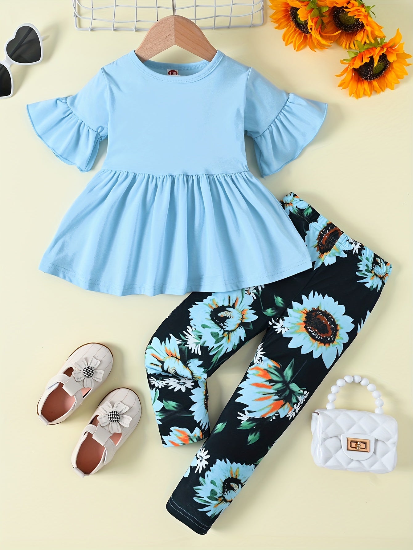 Girls' Floral Print Flared Sleeve Dress with Ruffled Hem & Elastic Waistband - Light Purple & Black Sunflower Design, Long Pants for Spring/Fall Casual Wear, Spring Fall Clothing, Comfortable Fit, for Outdoor