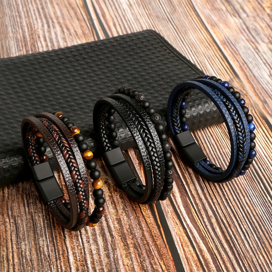 1pc Fashion Layered Handmade Braided PU Leather Bracelet, Tiger Eyestone Beaded Bracelet, Characteristic Punk Bracelet, Father's Day Gift