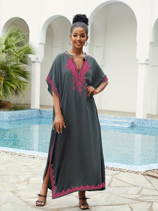 Plus Size - EDOLYNSA Women'S Black Vintage Kimono Wrap Dress - Elegant Long Beach Cover-Up, Non-Stretchy Formal & Casual Swim Suit Wrap, Loose Fit for Poolside, Vacation, Evening Events - Q1545, Poolside Attire, Intricate Embroidery, Vacation Outfit, Ligh