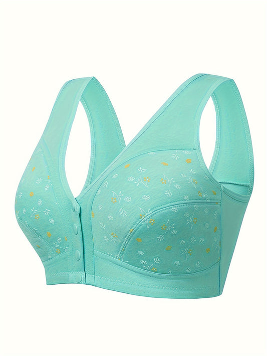 3pcs Plus size Floral Print Front button Bras, Comfortable & Light Beige-friendly Intimates Bras, Women's Underwear & Lingerie