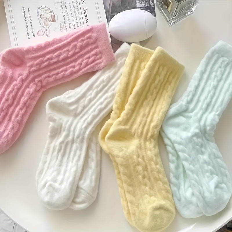 2 Pairs/5 Pairs of Twist Pattern Socks, Soft And Warm Plush Mid-Calf Socks, Candy Color Smooth Women'S Stockings And Knitted Socks, Suitable for Gifts