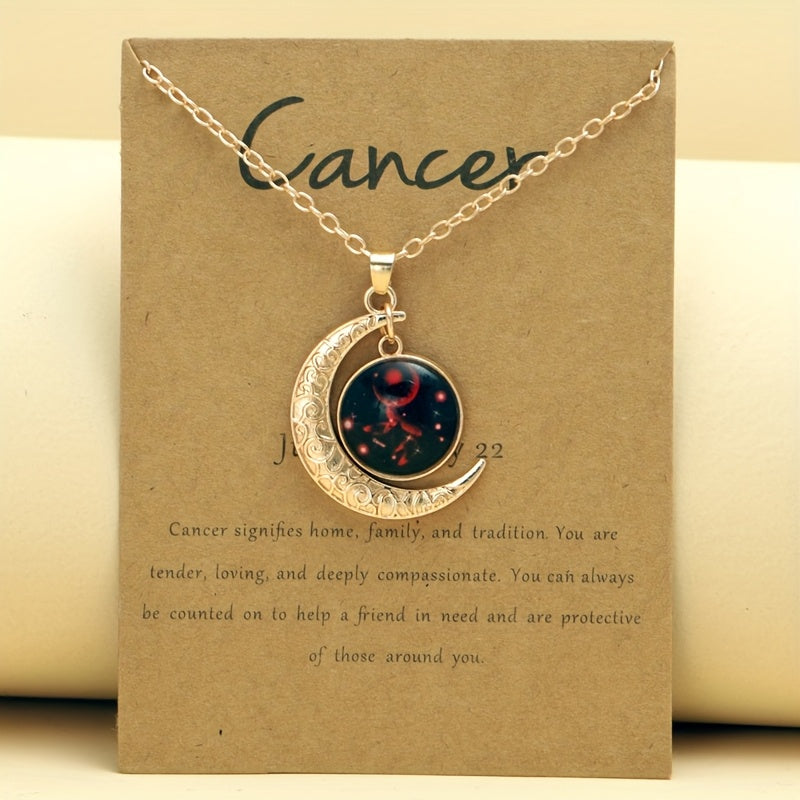 1pc Retro Glow-in-the-Dark Zodiac Moon Pendant Necklace - Vintage Style, Zinc Alloy with Glass Accents, Adjustable Chain for Women - Ideal for Daily Wear & Gifting, Zodiac Jewelry, Gift Jewelry, Vintage Jewelry, Durable Jewelry