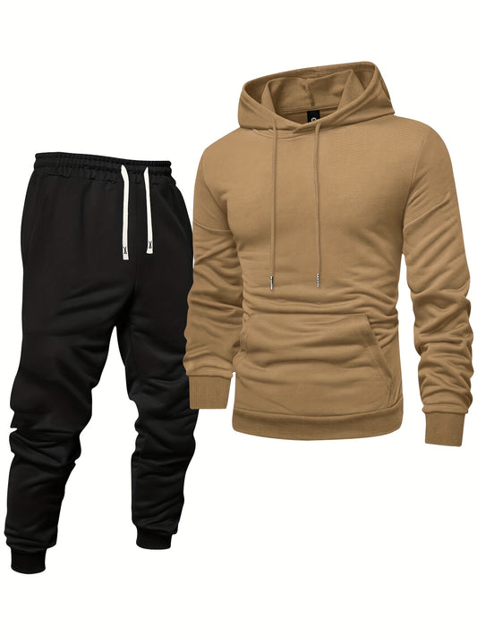 Men's Long Sleeve Hoodie + Drawstring Sweatpants Set Spring Autumn Solid Color Pullover Regular Long Sleeve T-Shirt and Pants Belt Casual Sport Joggers Two-Piece Set