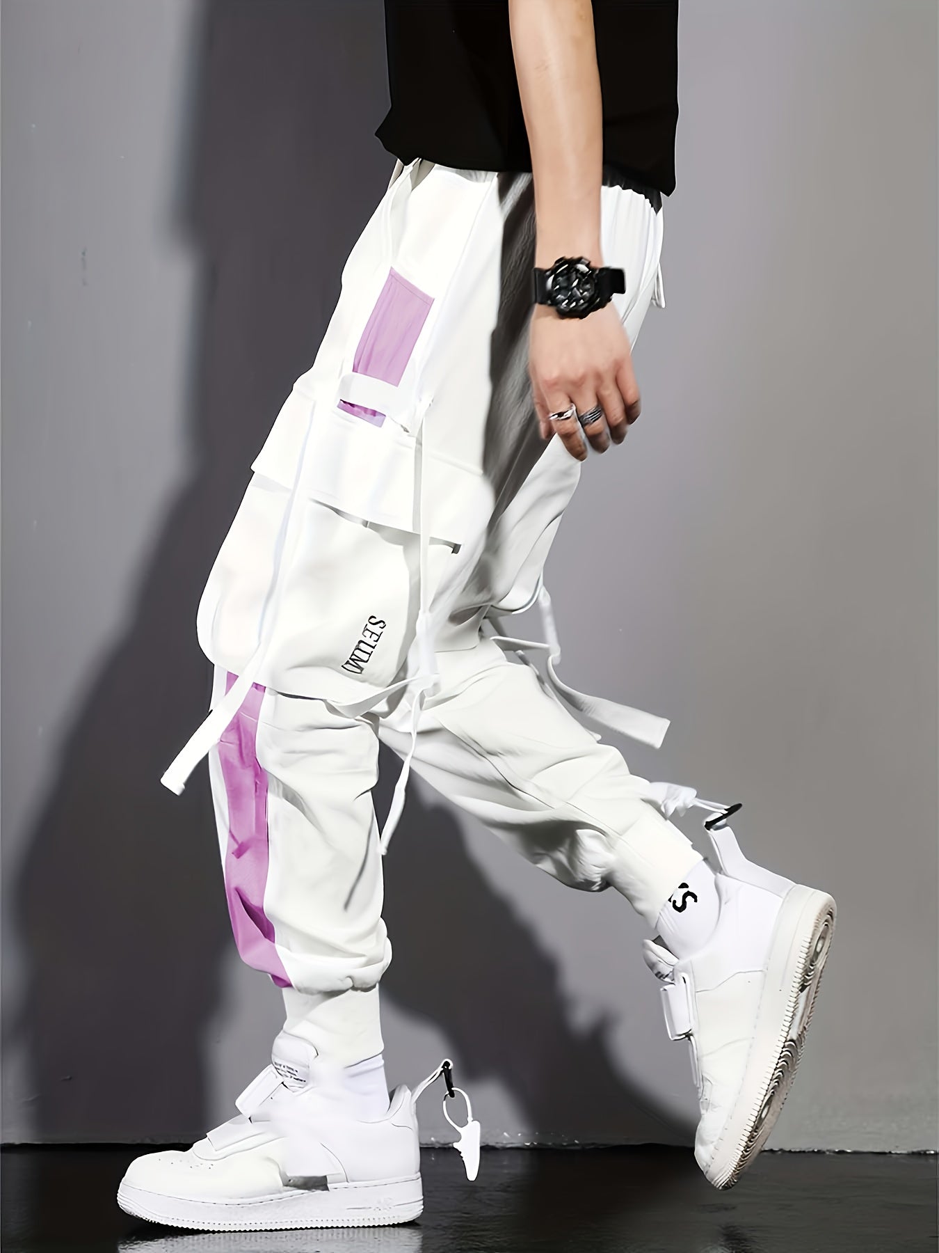 Multi-Pocket Ribbon Design, Summer Breathable Thin Color Block Overalls for Men, Fashionable And Comfortable Jogging Pants