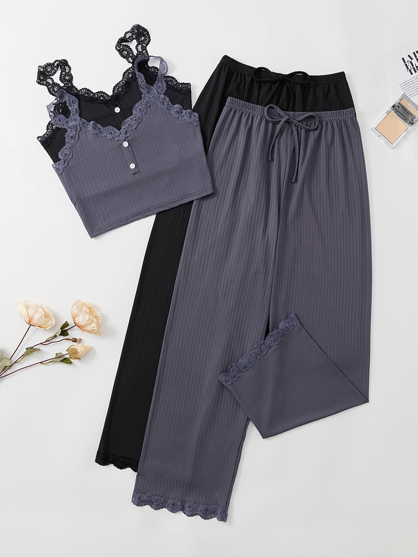 Ribbed Fabric Comfortable Women's Pajama Set with Sexy Camisole Top & Pants in Multiple Colors