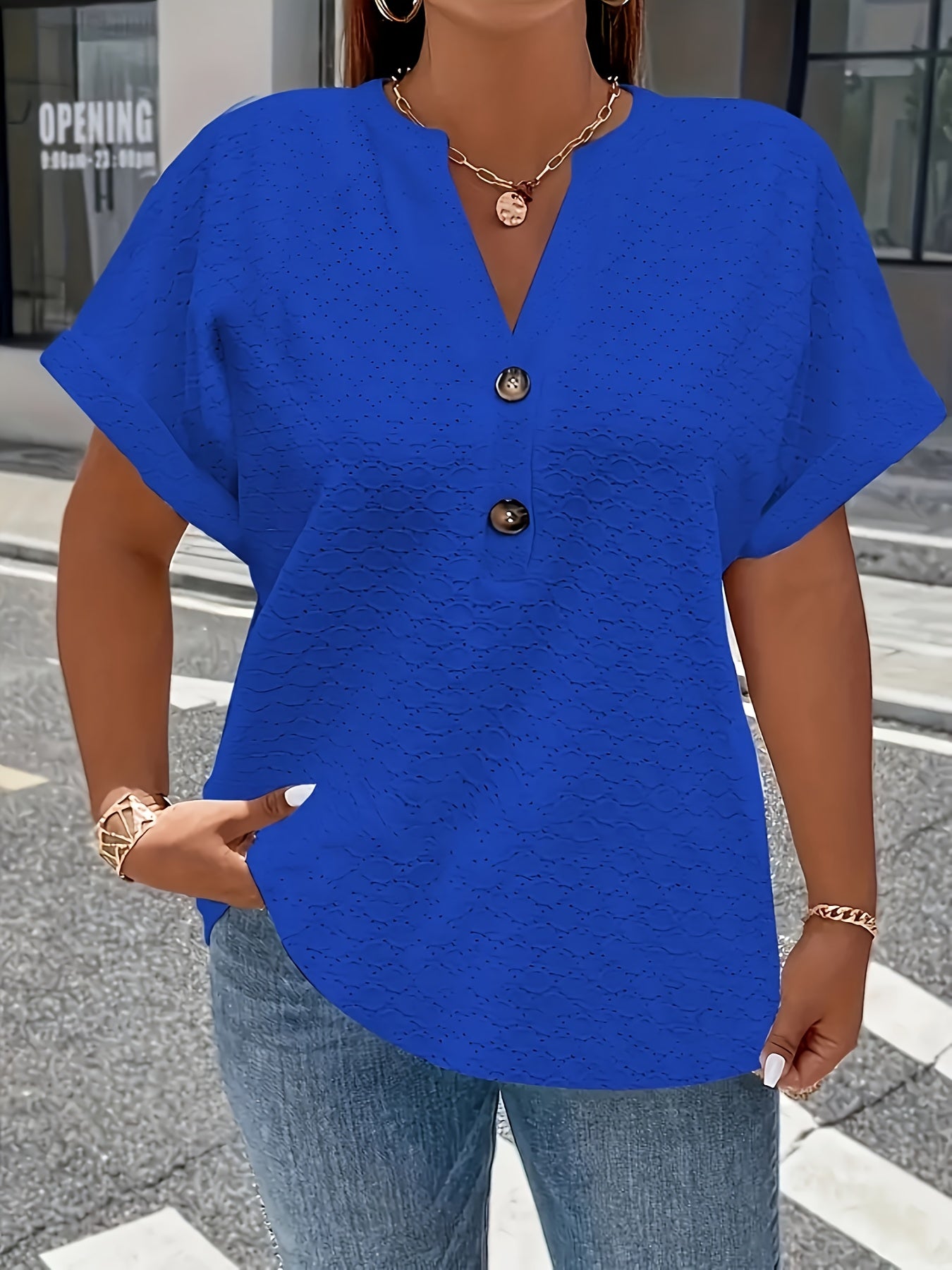 Women'S Light Green V-Neck Blouse with Button Details - Casual Short Sleeve Top for Spring/Summer, Soft Polyester Fabric, Elegant Solid Color Design, Versatile Blouse | Vneck Blouse | Elastane Comfort Fit
