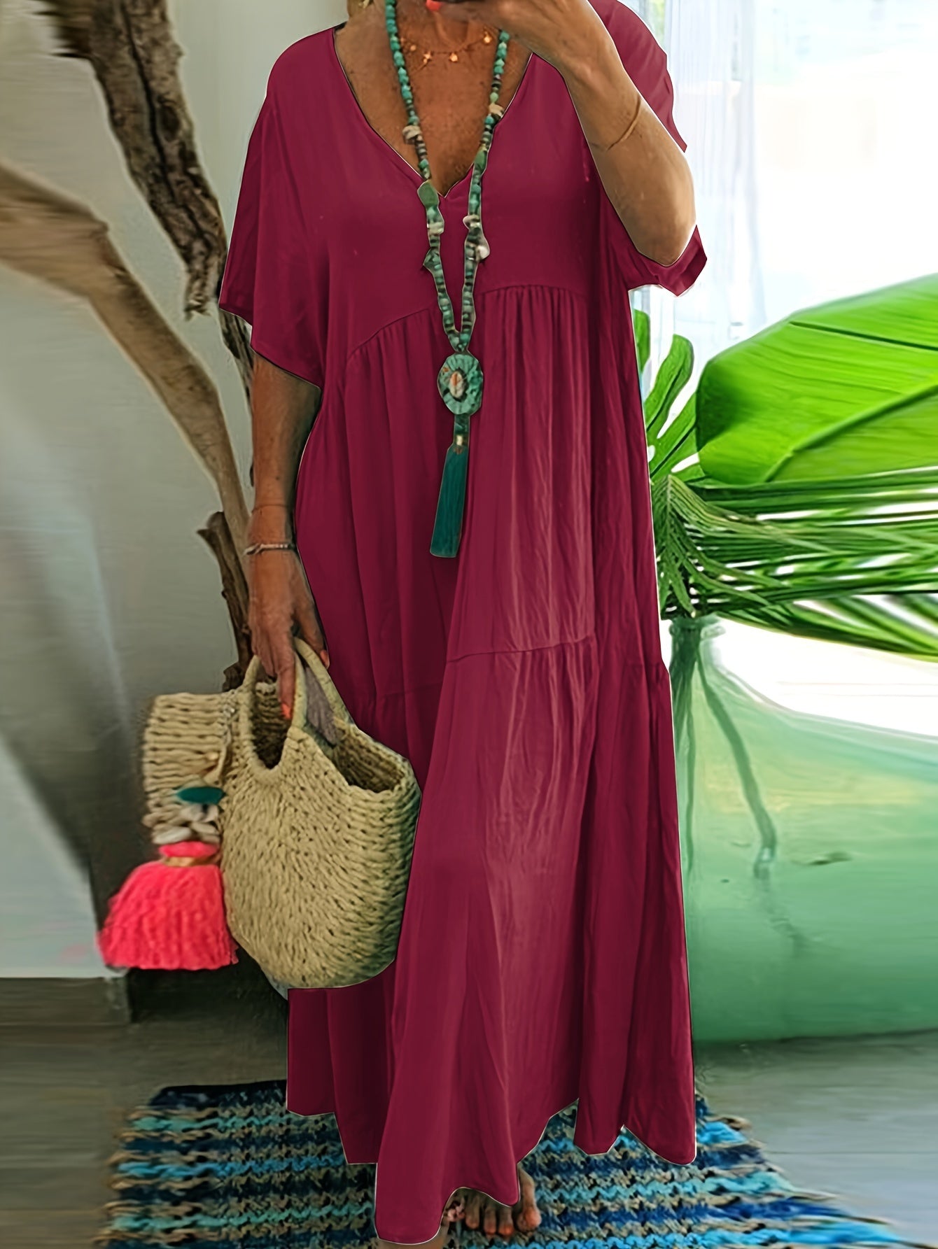 Plus Size - Women'S Plus Size A-Line Pleated Maxi Dress - V-Neck, Short Sleeve, Solid Color, Light Blue & White Stripes, Summer Elegance, Casual Style, Casual Summer Dress | Vneck Dress | Pleated Detailing, Plus Size Dress