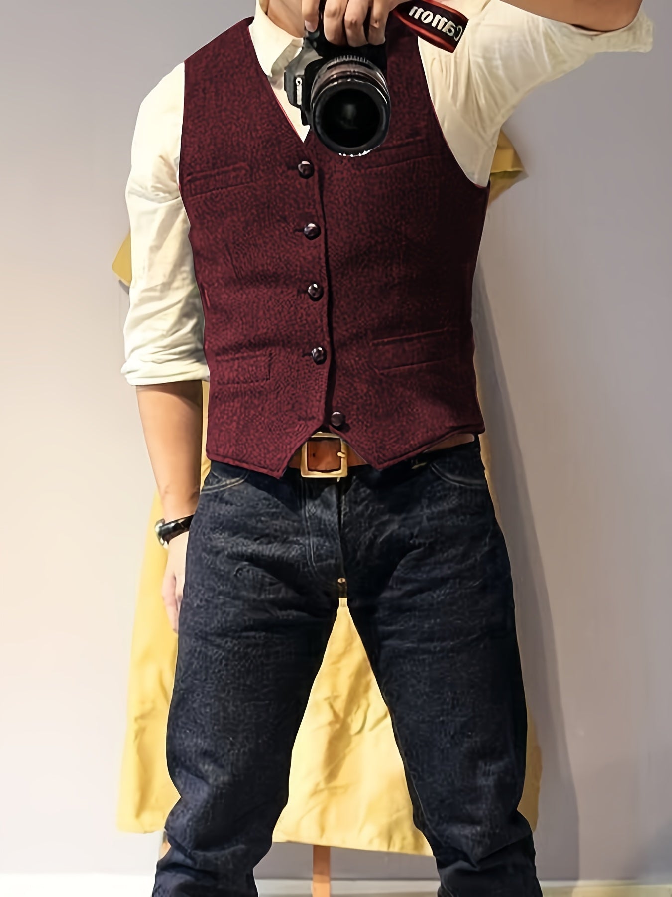 Men's Vintage Herringbone Tweed Vest - Western Cowboy Style, Gray Wool Blend with Button Front & Side Pockets for Weddings, Parties, Golf, Fishing, and Hunting