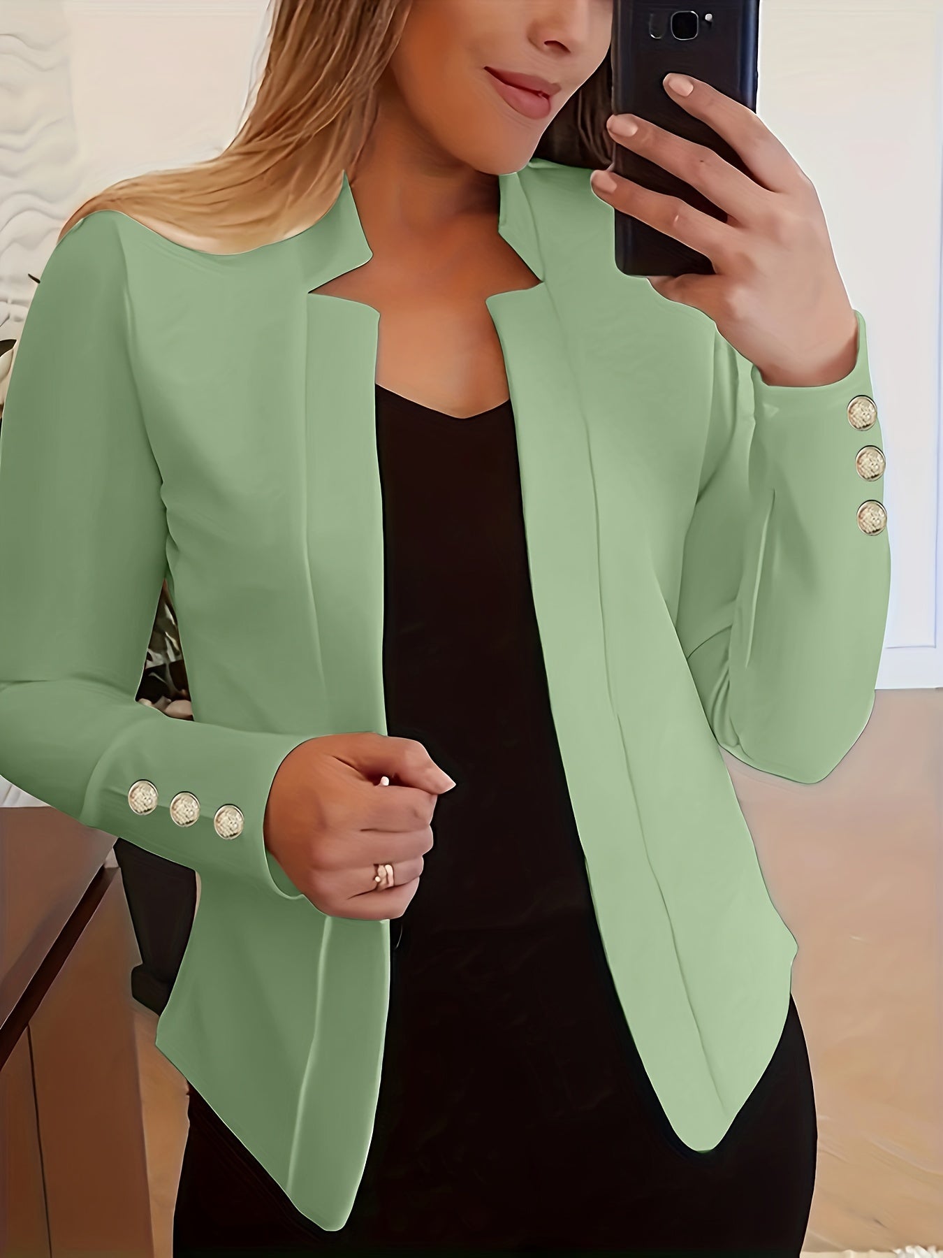 Solid Open Front Blazer, Casual Long Sleeve Button Blazer For Office & Work, Women's Clothing