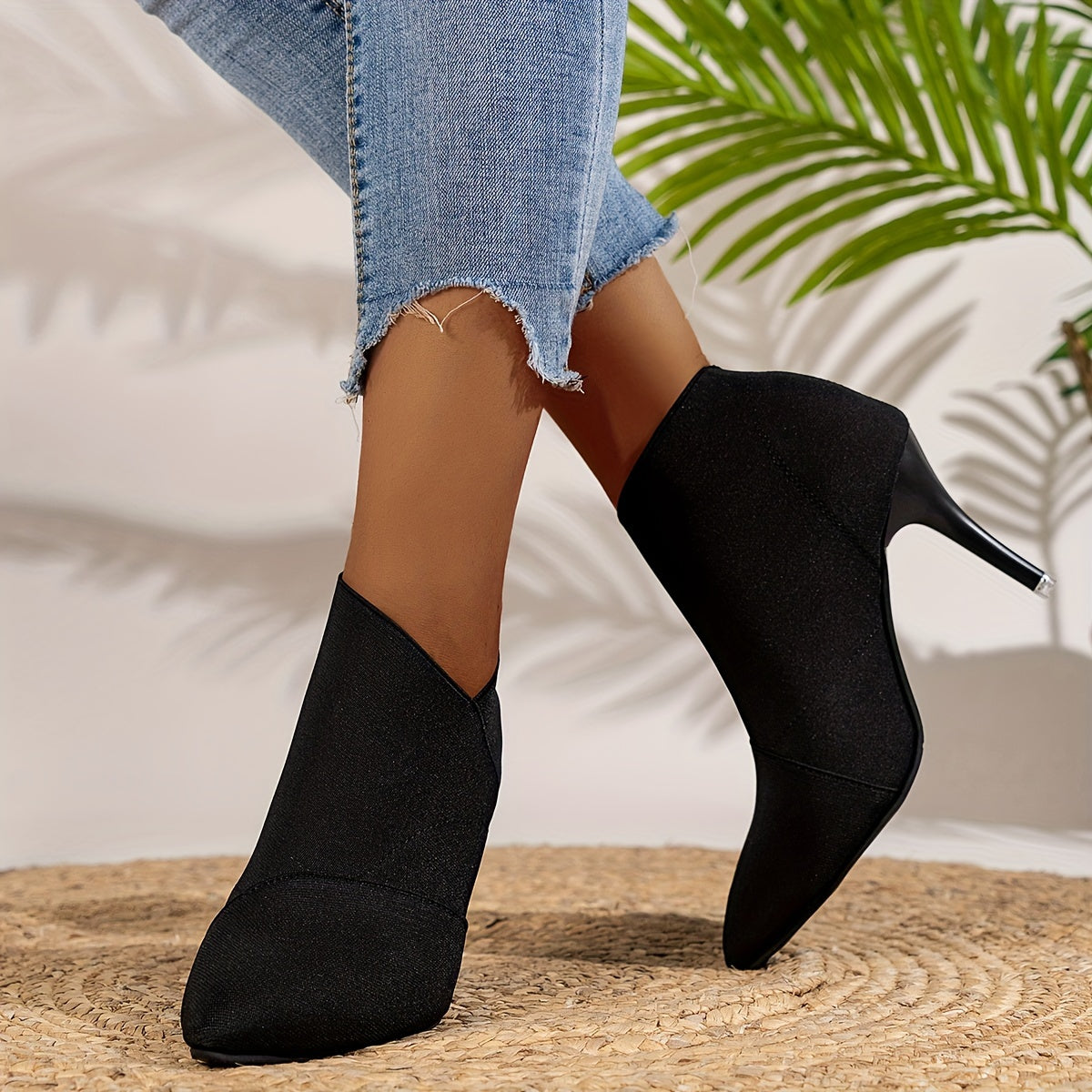 Women's Solid Color Casual Shoes, Slip On Stretch Walking High Heels, Point Toe Comfort Slim Versatile Shoes