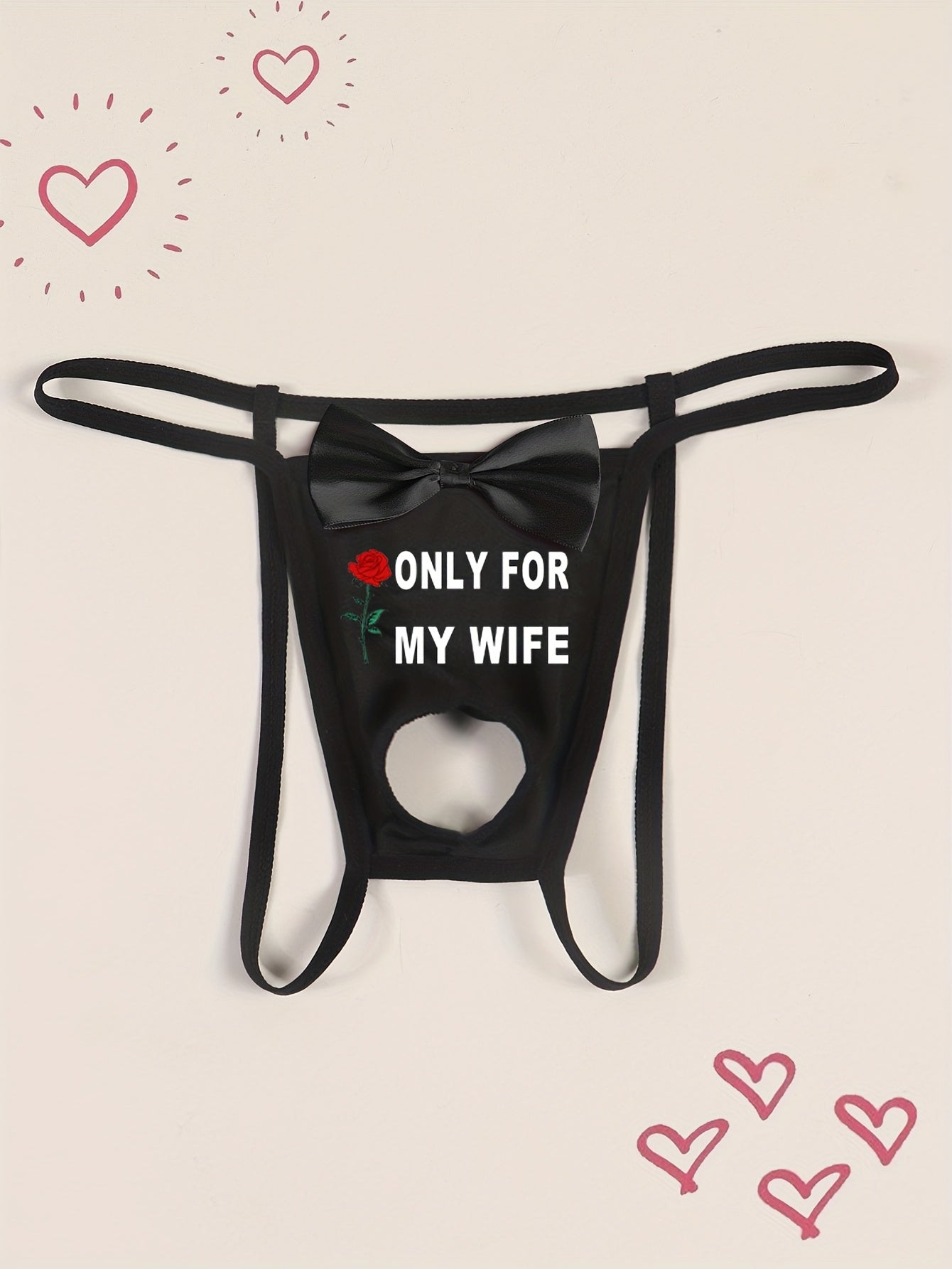 Men'S Sexy Black Thong with Front Cut-Out And Bow Detail, "ONLY FOR MY WIFE" Red Rose Print, Comfortable Breathable Fabric, Medium Stretch, Skinny Fit, Ideal Valentine'S Day Gift