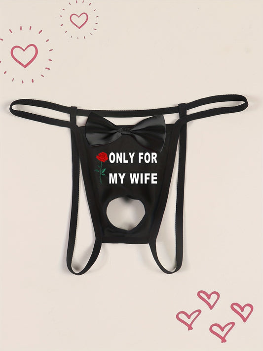Men'S Sexy Black Thong with Front Cut-Out And Bow Detail, "ONLY FOR MY WIFE" Red Rose Print, Comfortable Breathable Fabric, Medium Stretch, Skinny Fit, Ideal Valentine'S Day Gift