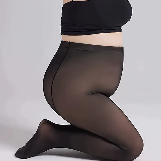 Women's Plus Size Elegant Warm Faux Translucent Tights - High Waist, Soft Stretch Polyester/Spandex Blend, Ideal for Autumn and Winter