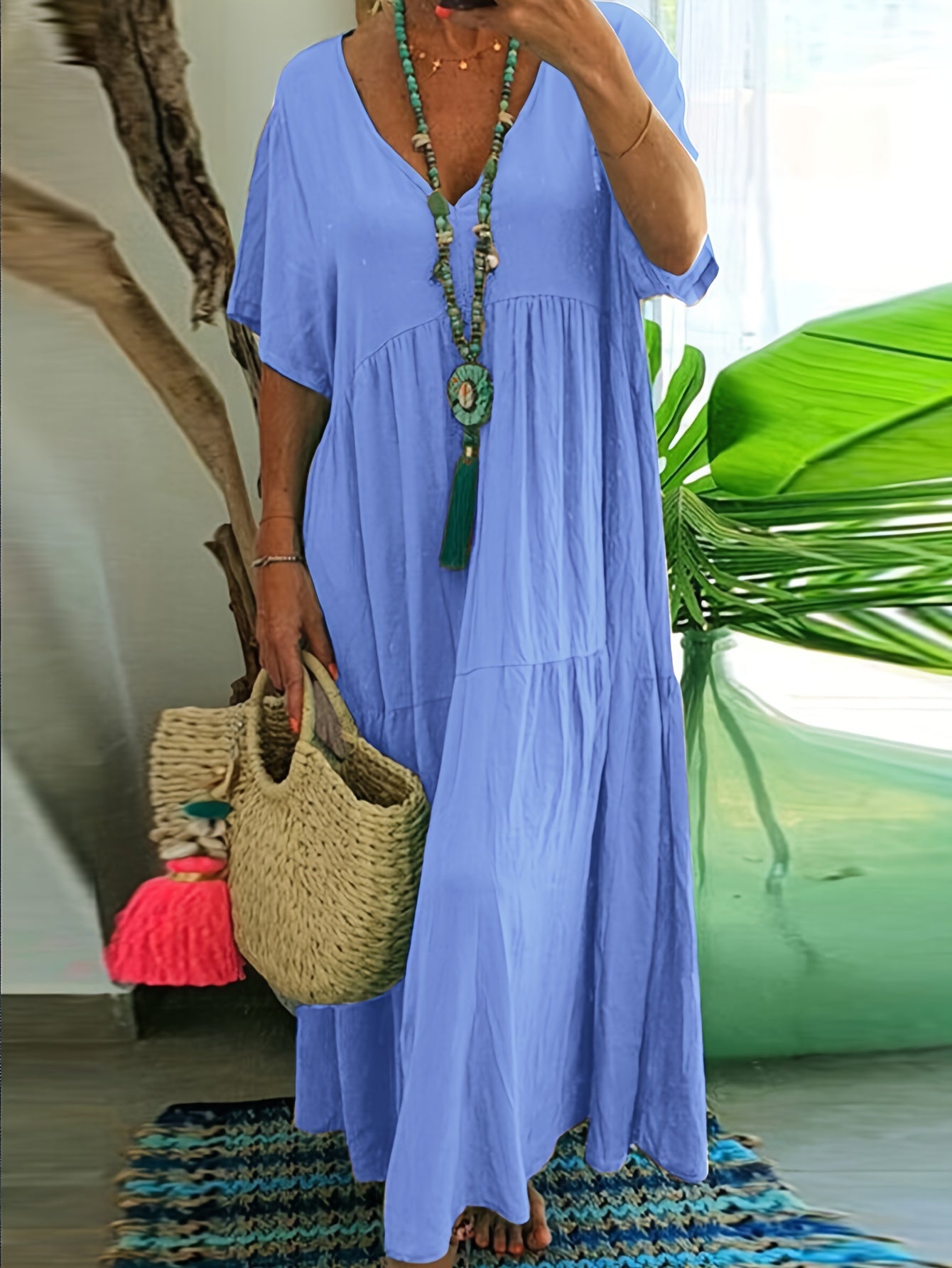 Plus Size - Women'S Plus Size A-Line Pleated Maxi Dress - V-Neck, Short Sleeve, Solid Color, Light Blue & White Stripes, Summer Elegance, Casual Style, Casual Summer Dress | Vneck Dress | Pleated Detailing, Plus Size Dress