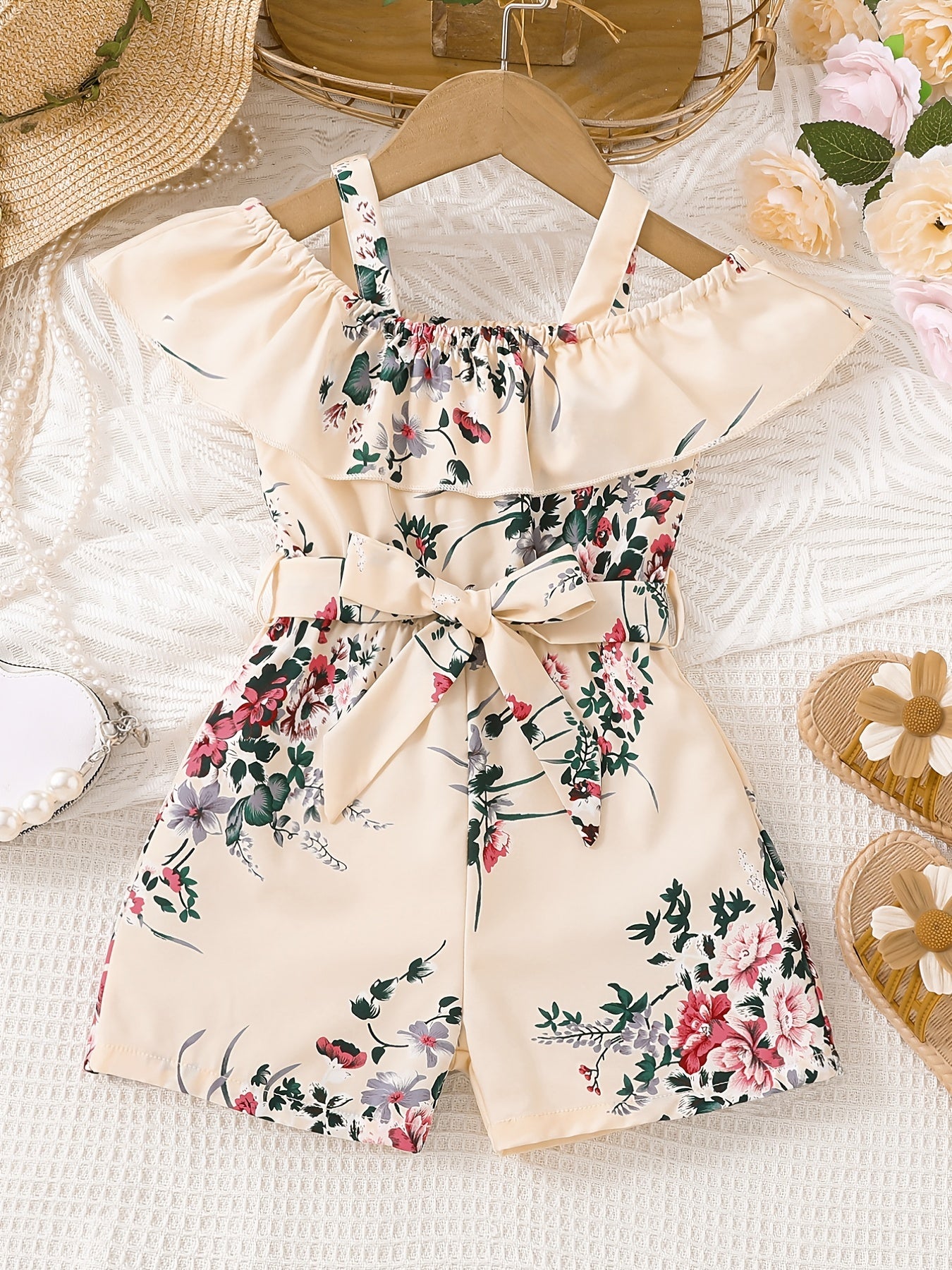 HWMFSNHFZ Girls' Off-Shoulder Floral Print Jumpsuit with Ruffled Sleeves & Waist Bow - Vibrant Pink & Green Summer Casual Outfit, Short Sleeveless Dress for Playdates & Outings, Playful Design, Comfortable Fit, for Outdoor