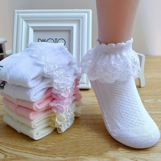 4 Pairs Of Girl's Lace Ruffle Frilly Trim Crew Socks, Breathable Comfy Dance Princess Socks