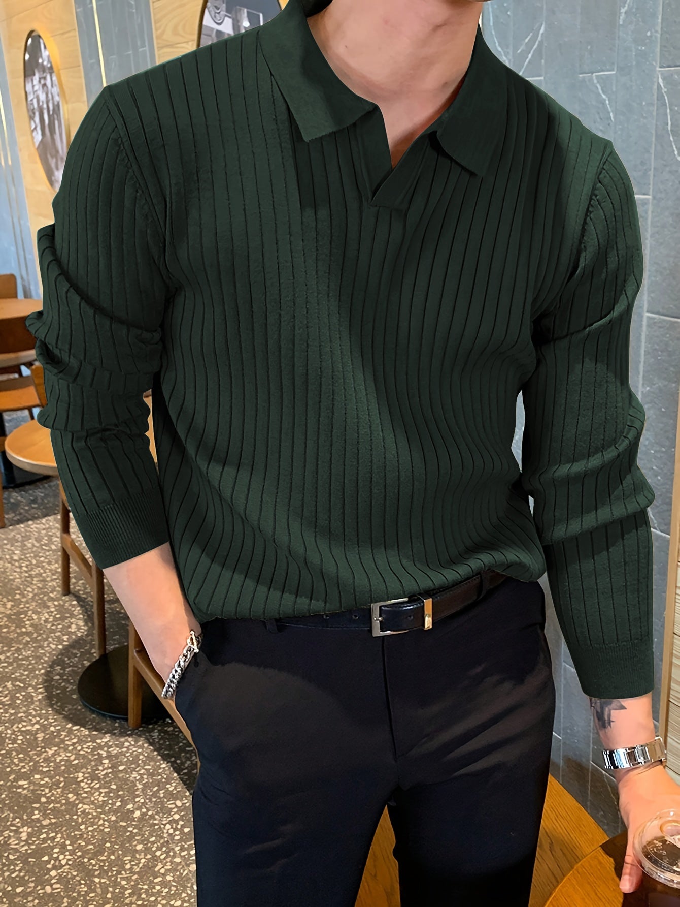 Men's Casual Solid Color Collar Knit Shirt - Stretch V-Neck Long Sleeve Pullover Sweater for Autumn Winter, Regular Fit, Fall Sweaters, Medium Elasticity, Seasonal Fashion, Stylish Knitwear, Breathable Material, Casual Attire