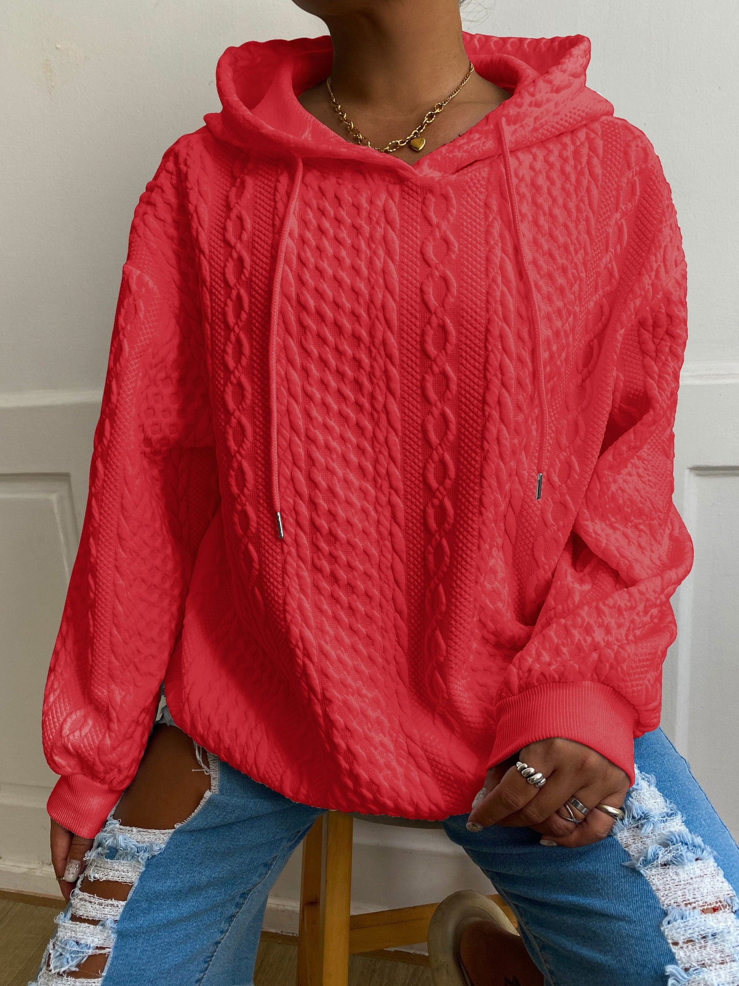 Women's Casual Lounge Top, Plus Size Solid Textured Long Sleeve Drawstring Home Wear Hoodie