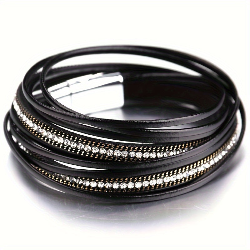 1pc Multi-Layered Faux Leather Bracelet - Black Layered Chain Design with Rhinestones Accents, Double Wrap Long Bracelet for Women & Men, Everyday & Party Jewelry Gift for Anniversary, Birthday, Valentine's - Unisex cuff for Couples, Couple Bracelets, Ver