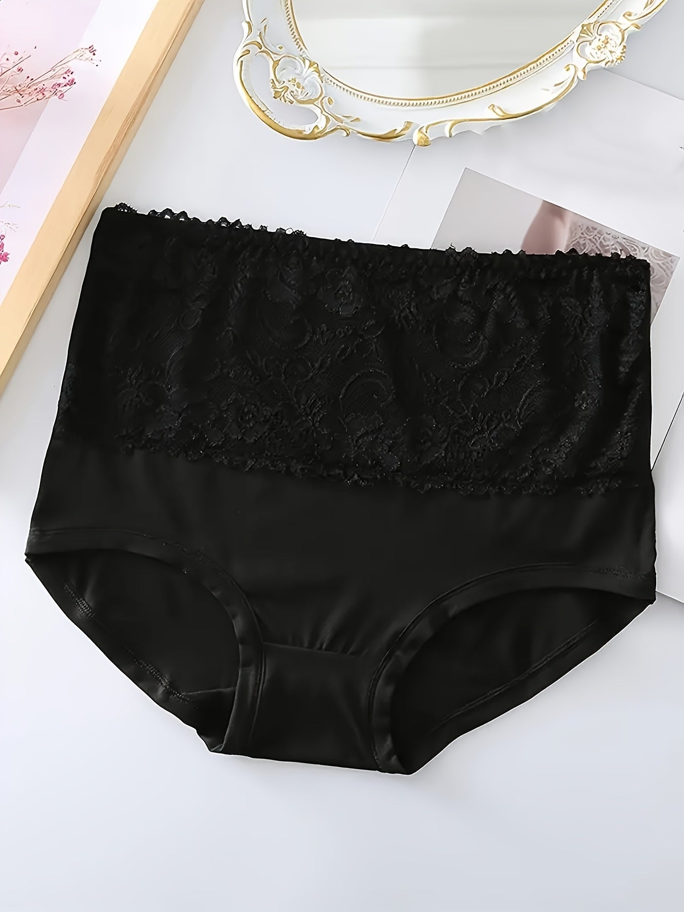 4-Pack Elegant High-Waisted Plus-Size Briefs, Nylon 90% Spandex 10% Knit Fabric with Contrast Lace Detail, Solid Color, Slight Stretch, Comfort Fit Panties